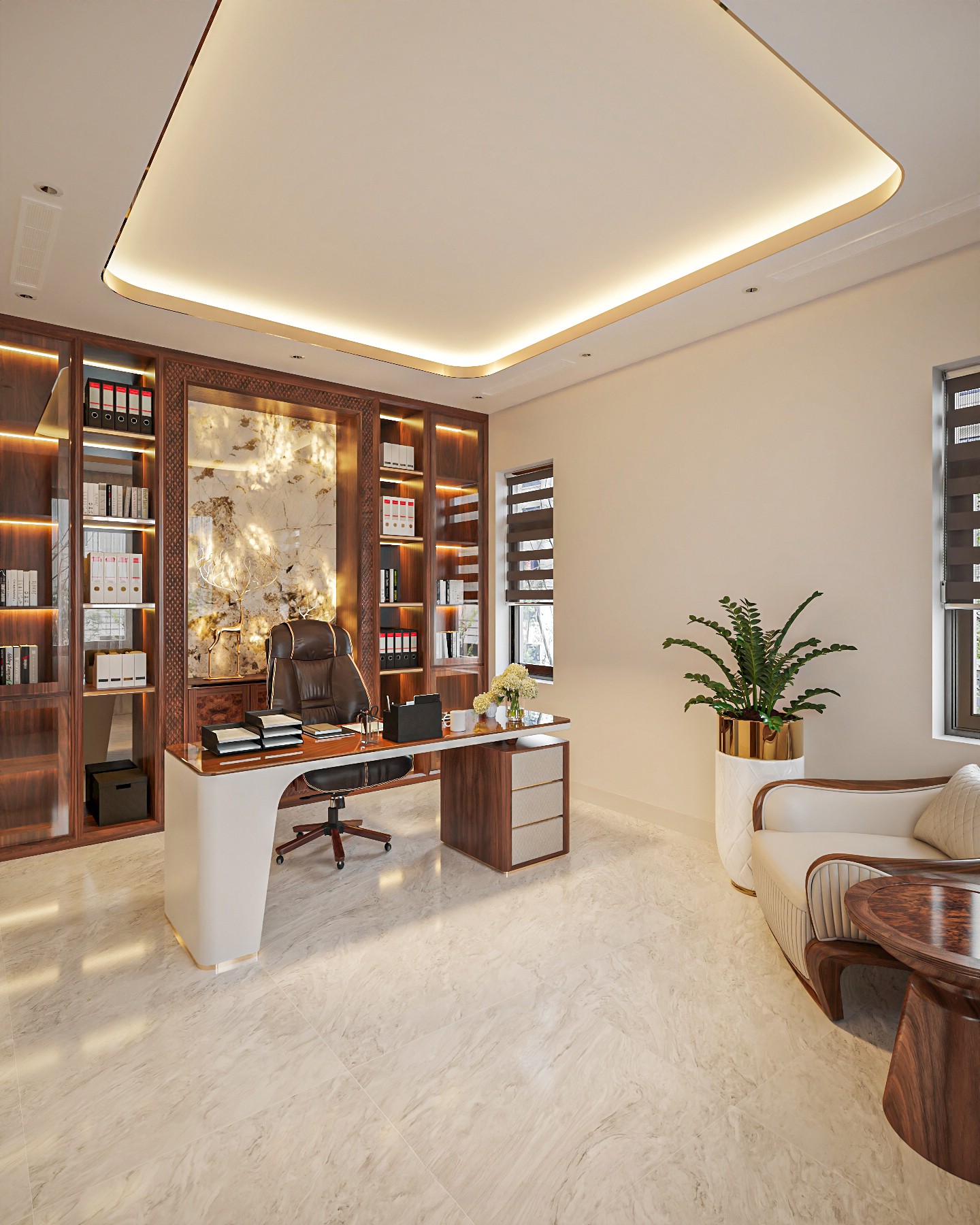 Thiết kế văn phòng làm việc gỗ óc chó đẹp.