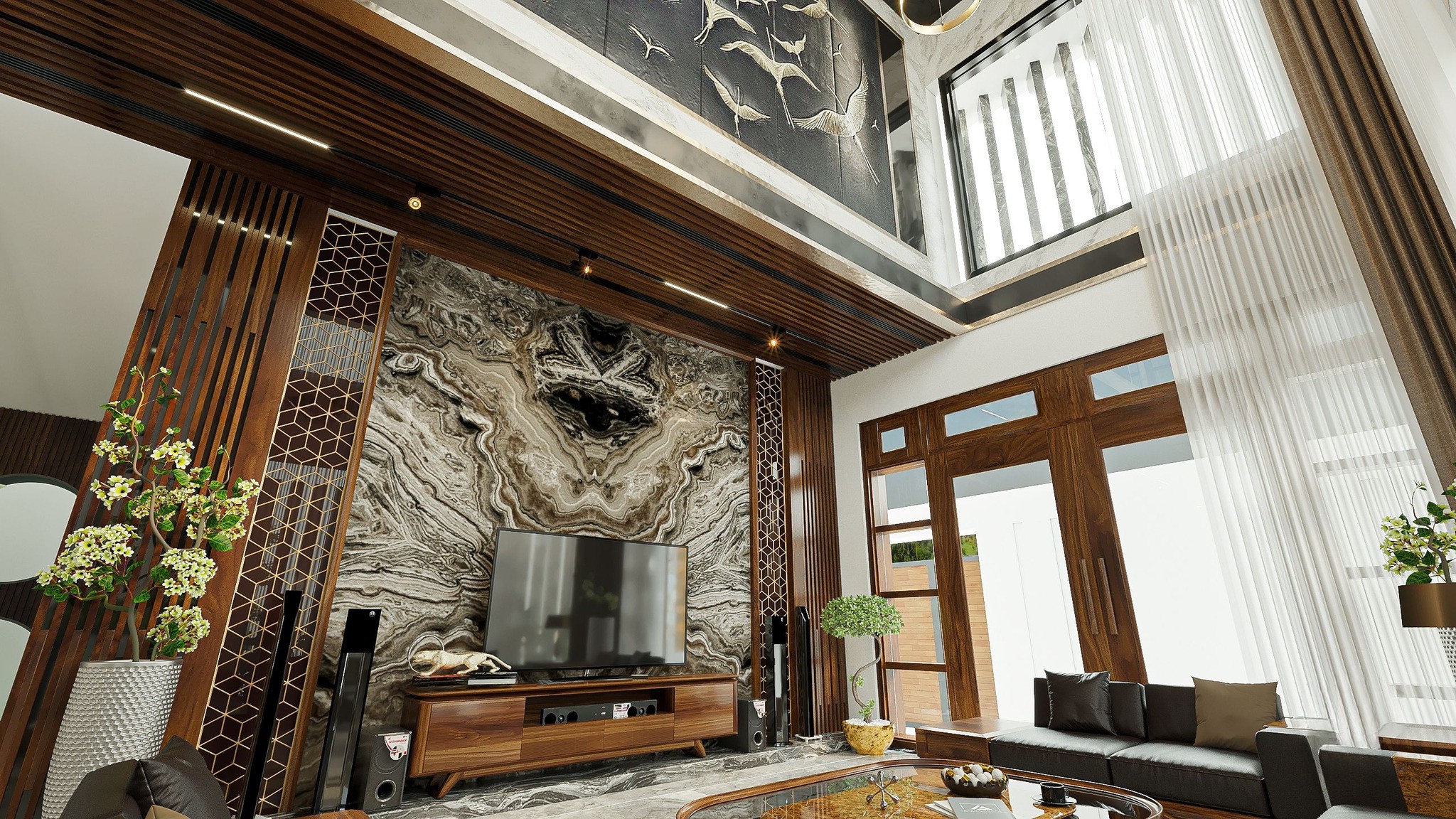 Trang trí kệ tivi phòng khách gỗ óc chó với phụ kiện tinh tế.