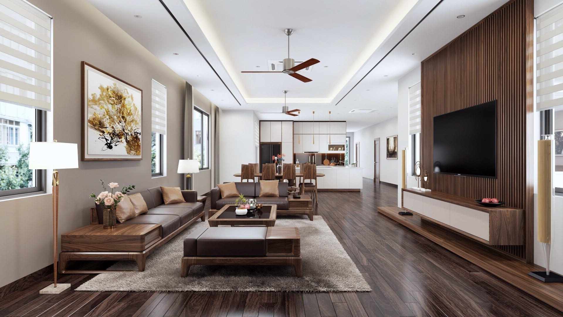 Trang trí phòng khách gỗ óc chó đơn giản đẹp tạo cảm giác ấm cúng và hài hòa.