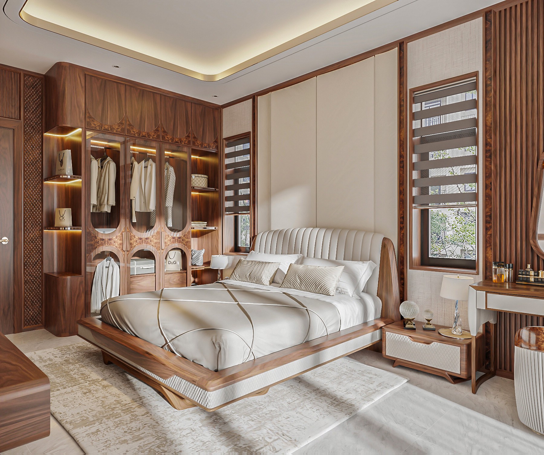 Trang trí phòng ngủ gỗ óc chó với ánh sáng và phụ kiện hài hòa.