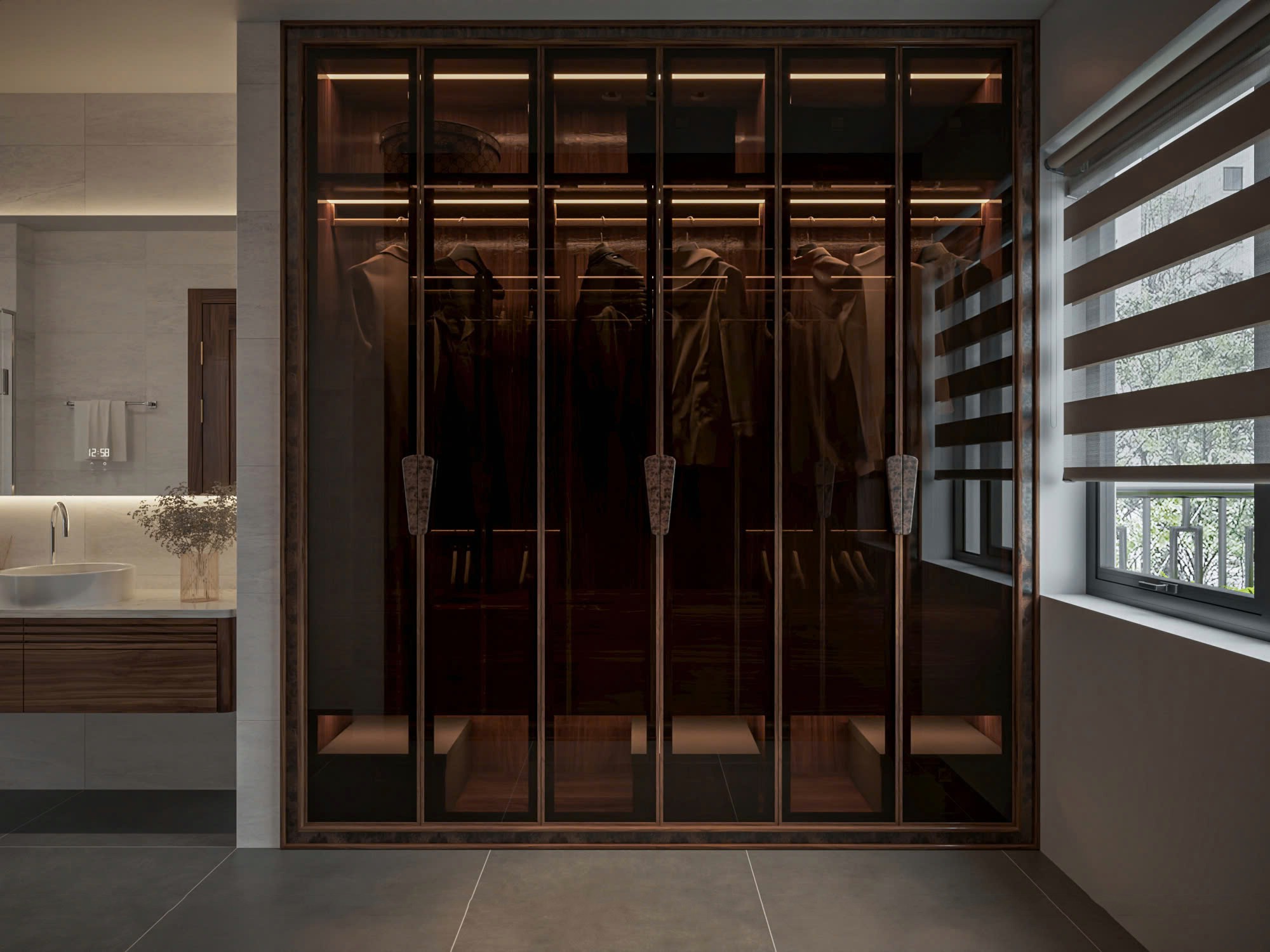 tủ áo gỗ óc chó cánh kính cao kịch trần