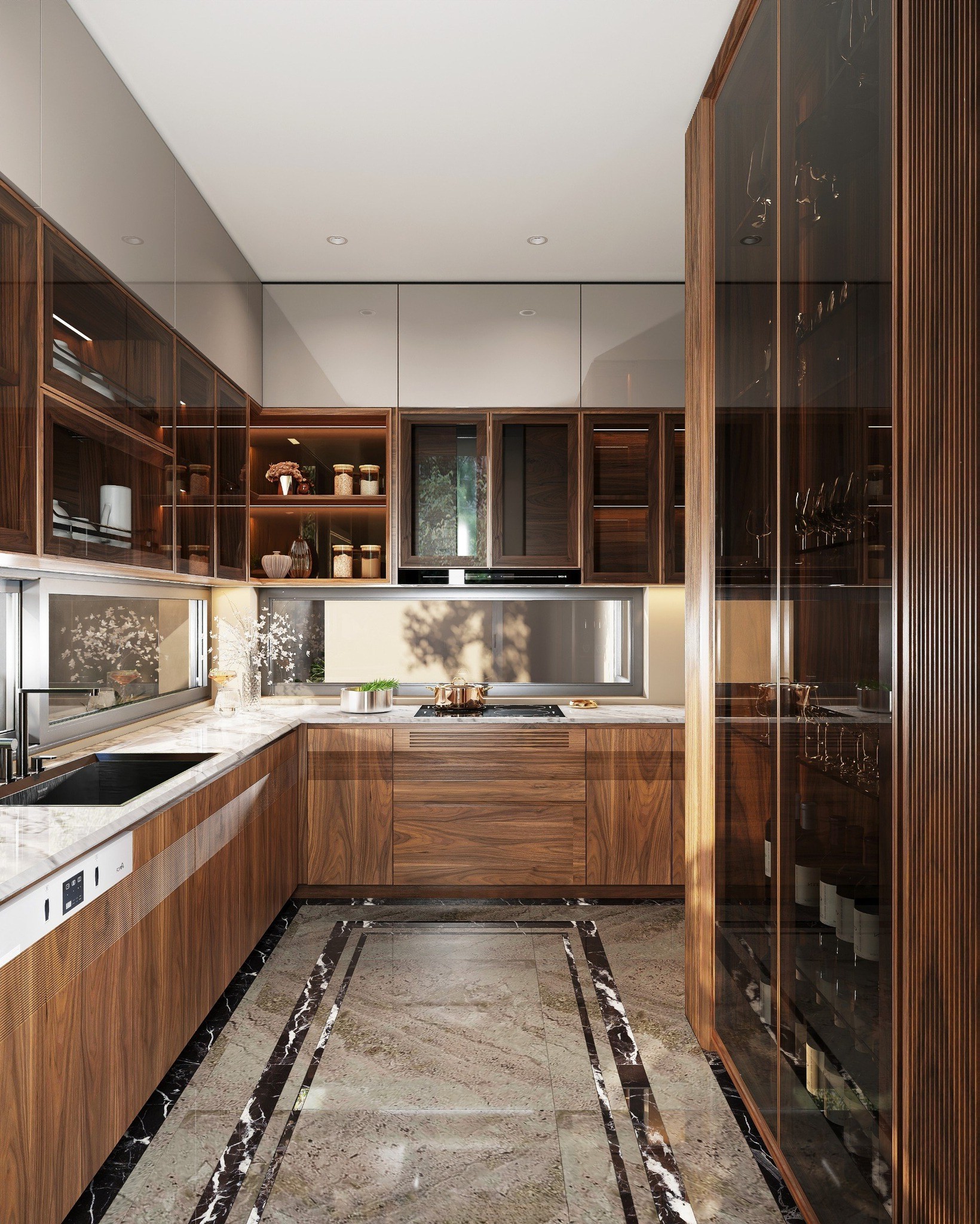 tủ bếp có tủ rượu gỗ óc chó hiện đại