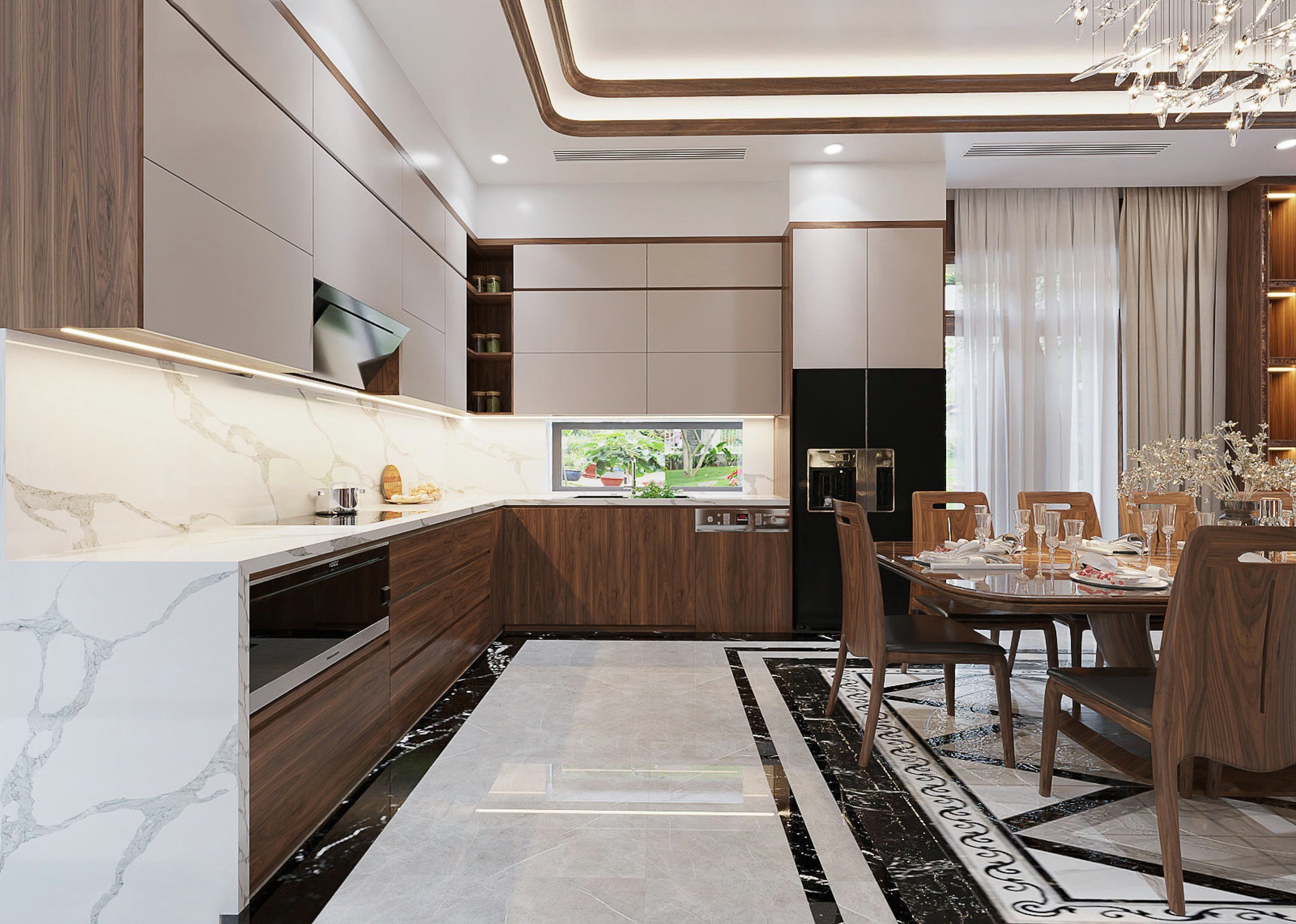 tủ bếp gỗ óc chó cánh acrylic hiện đại