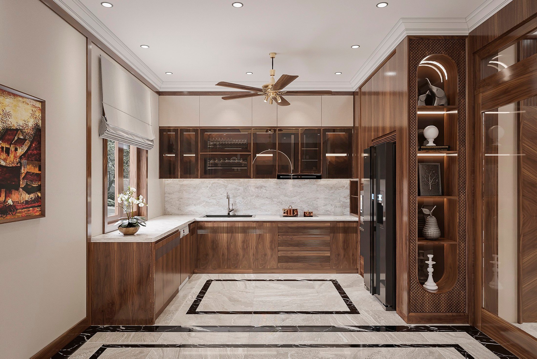 tủ bếp gỗ óc chó cánh kính hiện đại