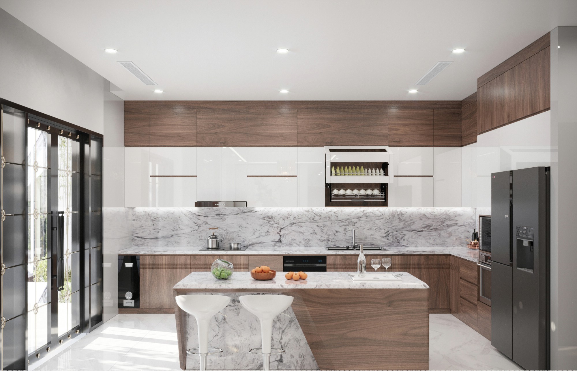 tủ bếp gỗ óc chó chung cư hiện đại