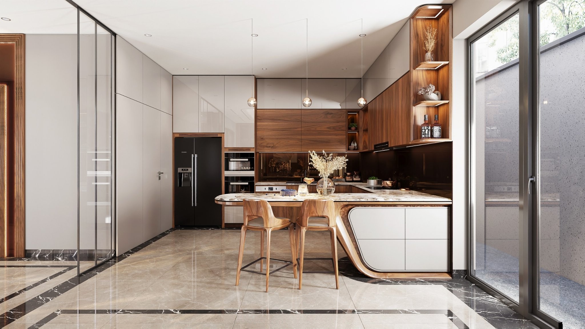 tủ bếp gỗ óc chó đẹp hiện đại