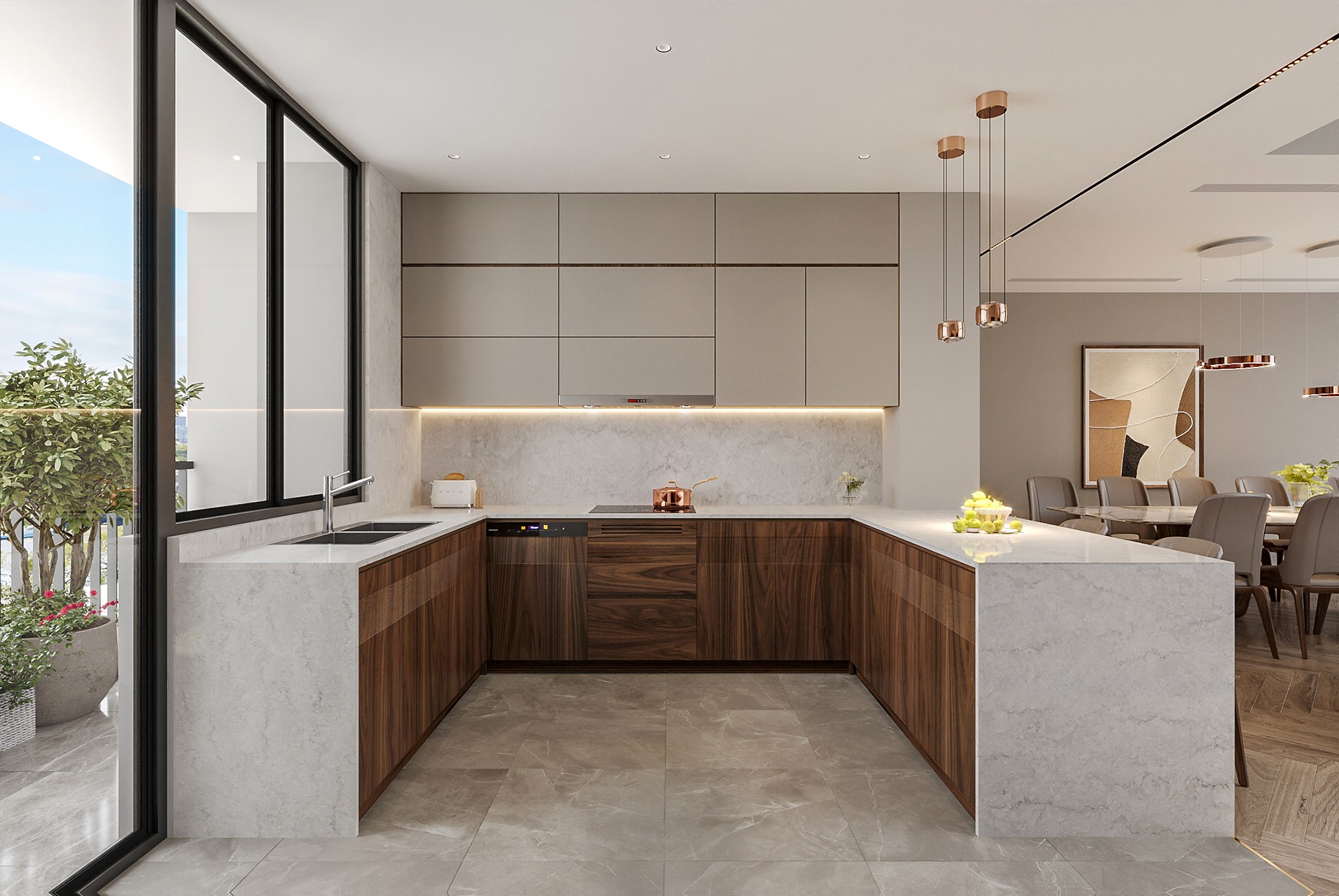 tủ bếp gỗ óc chó hiện đại chữ U đá granite