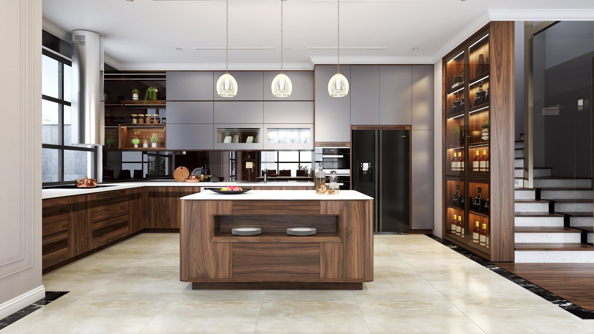 tủ bếp gỗ óc chó thông minh hiện đại