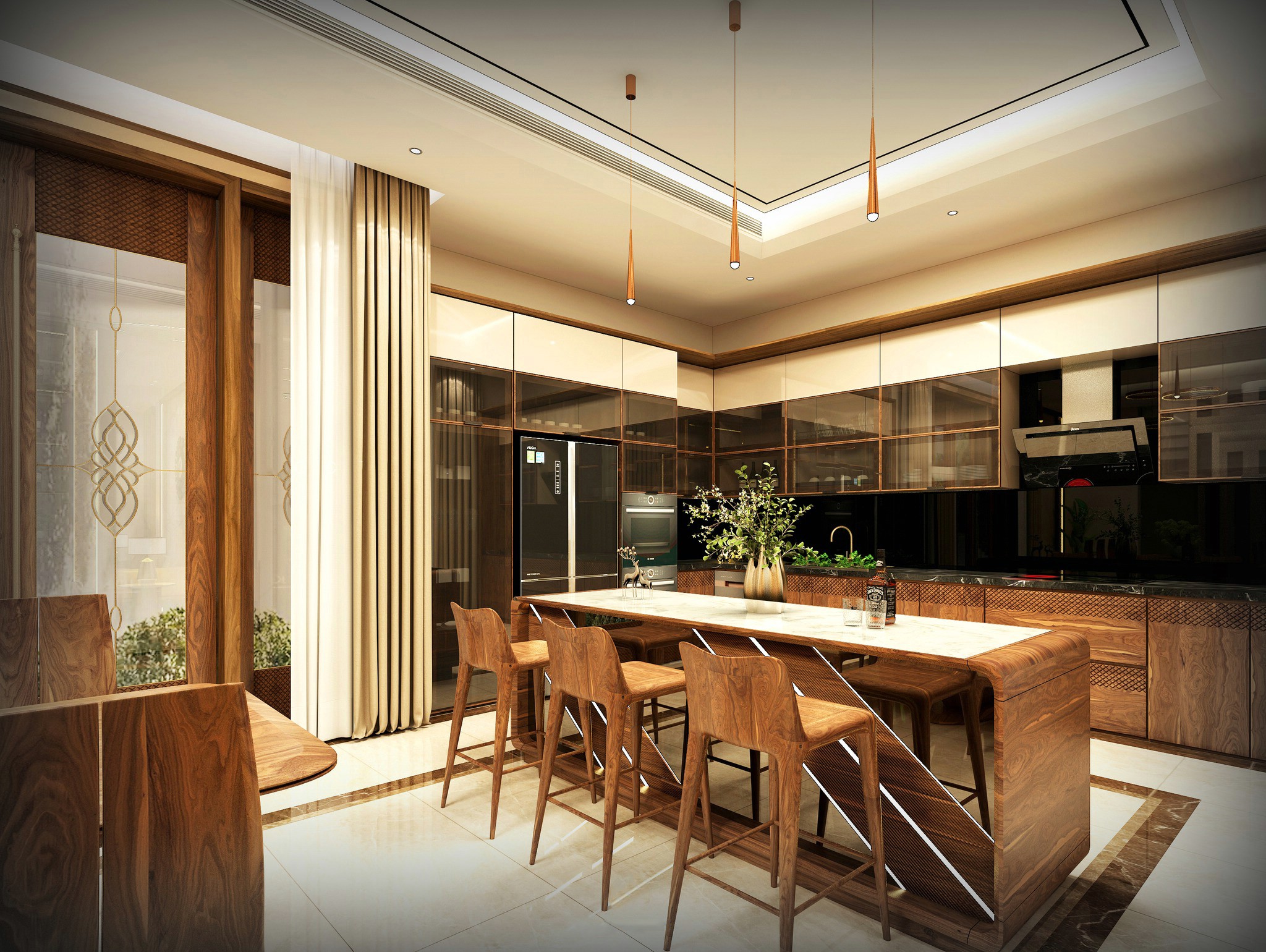 tủ bếp gỗ óc chó tự nhiên chữ L kính acrylic