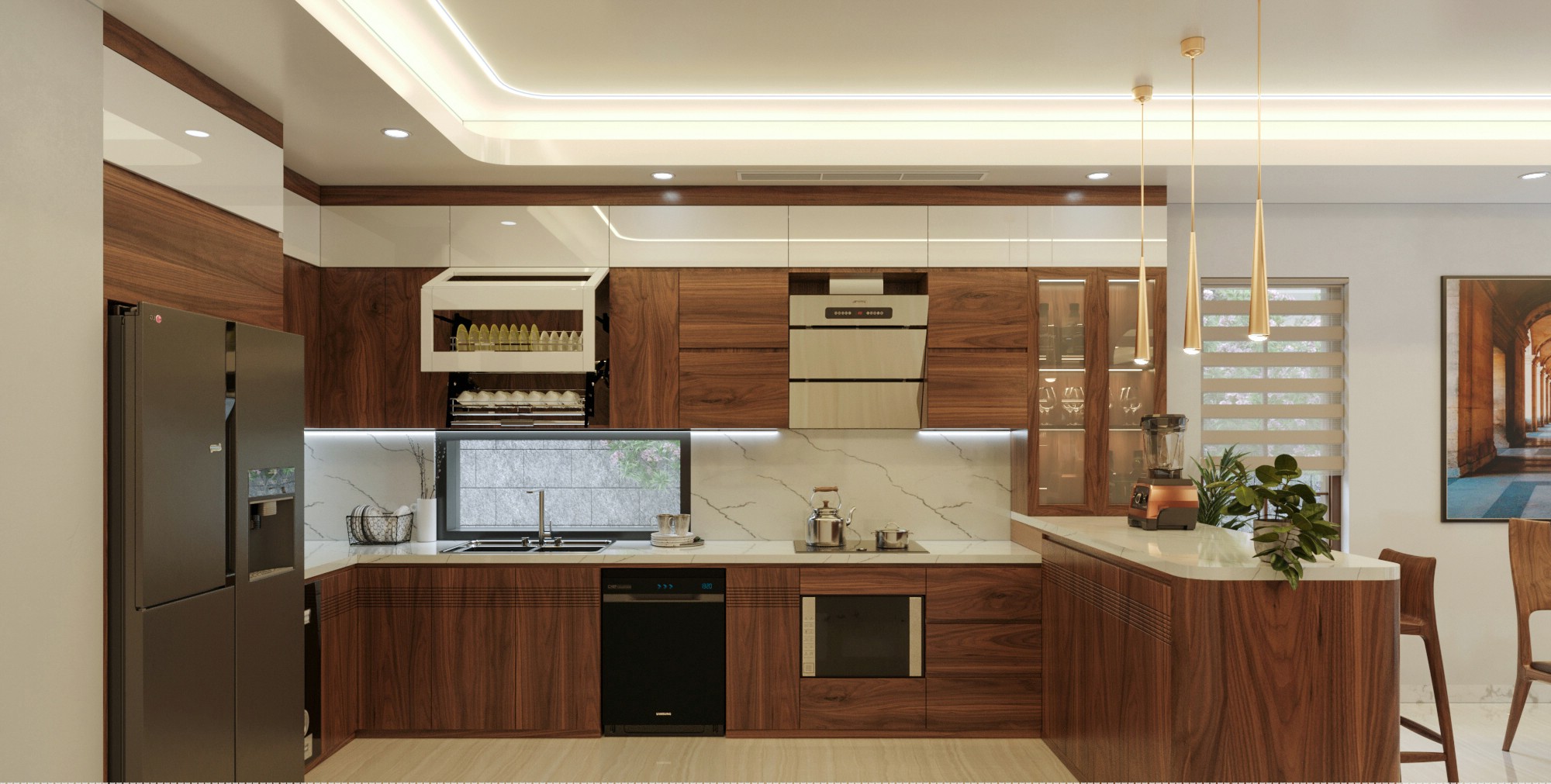 tủ bếp gỗ óc chó walnut hiện đại