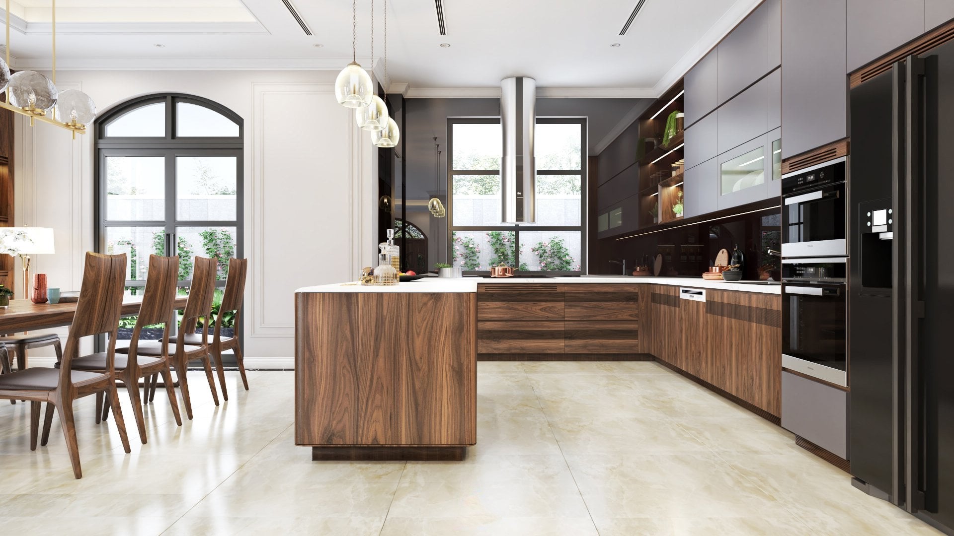 tủ bếp hiện đại gỗ óc chó