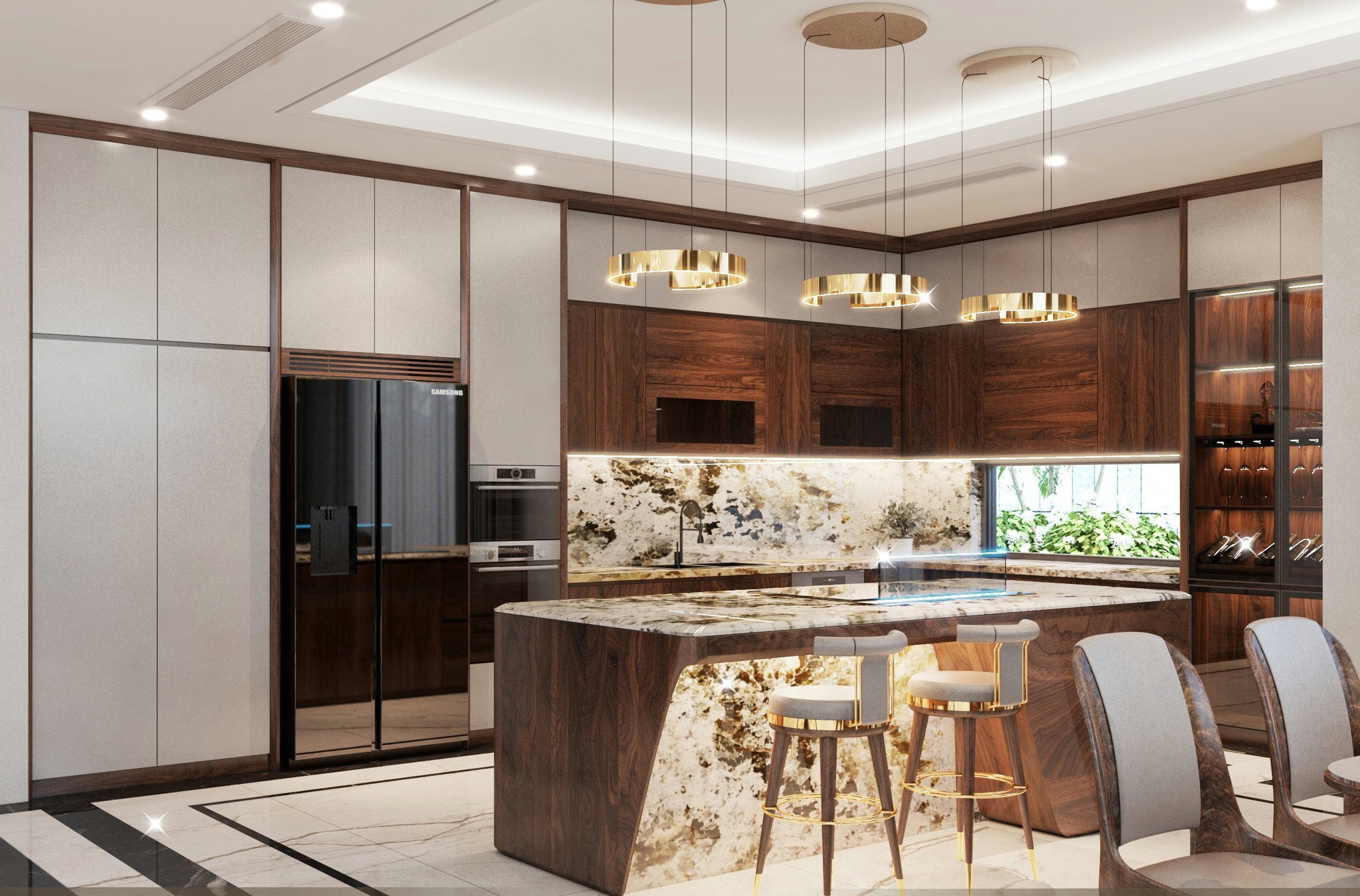 tủ bếp kèm tủ rượu gỗ óc chó