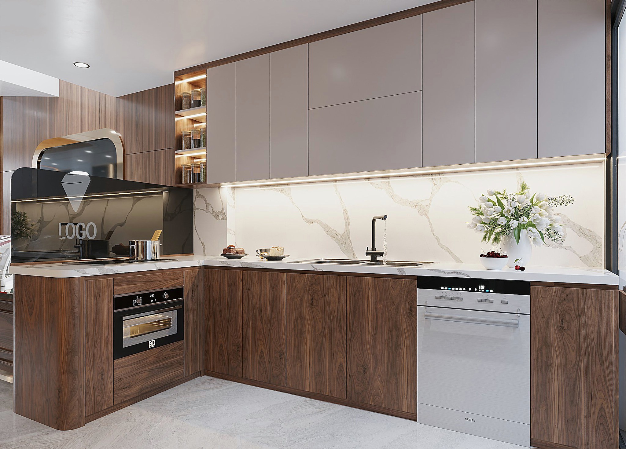Tủ Bếp Veneer Óc Chó.