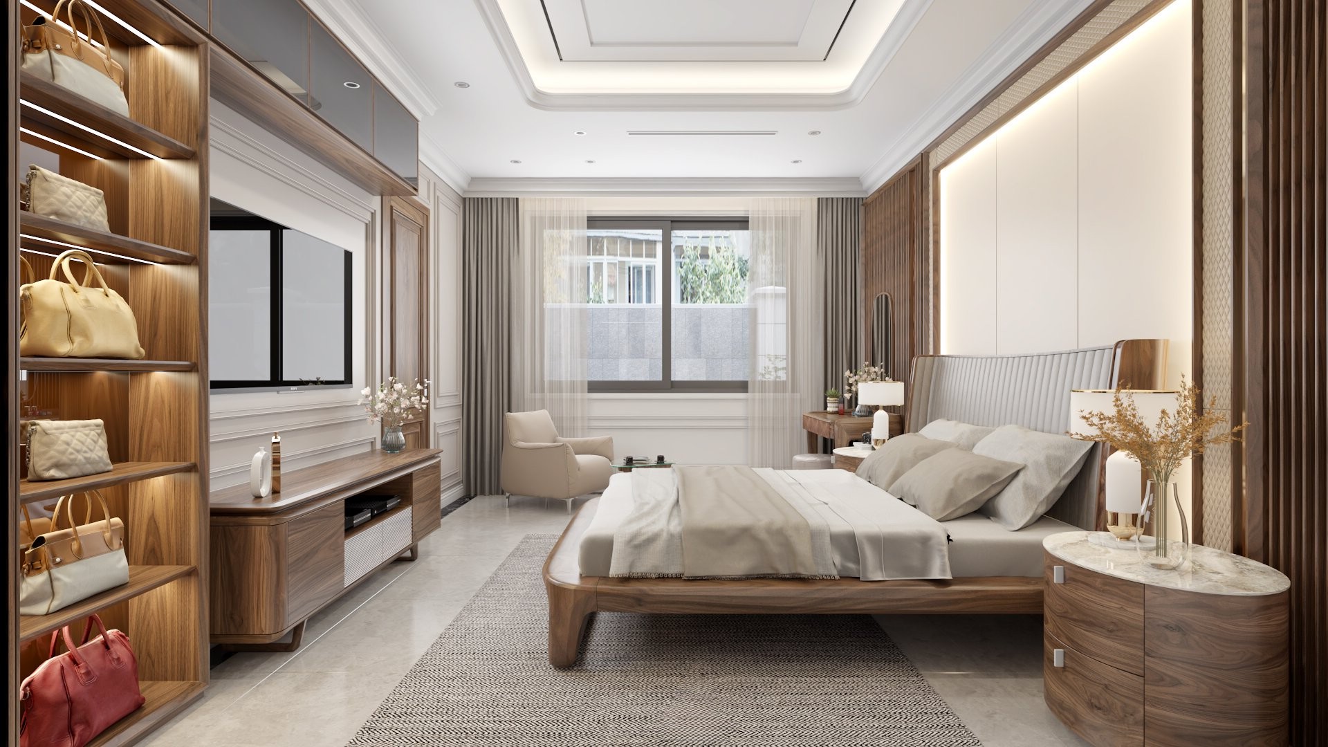 tủ đầu giường gỗ óc chó mặt đá marble hiện đại
