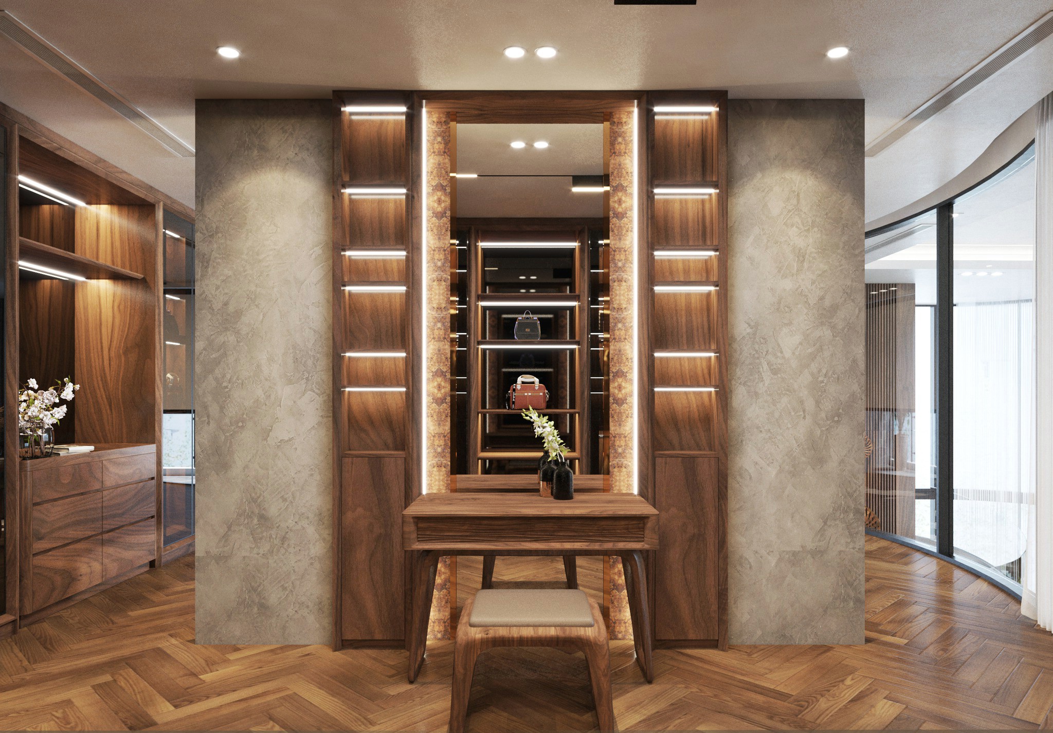 tủ gỗ kết hợp bàn trang điểm gỗ óc chó