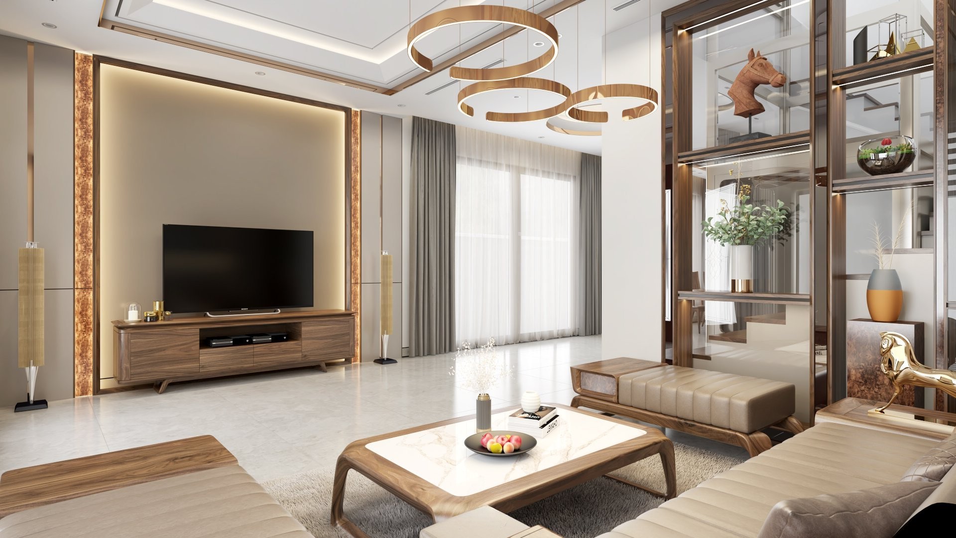 Tủ kệ tivi gỗ óc chó phòng khách hiện đại thiết kế đồng bộ với sofa và bàn trà cao cấp.