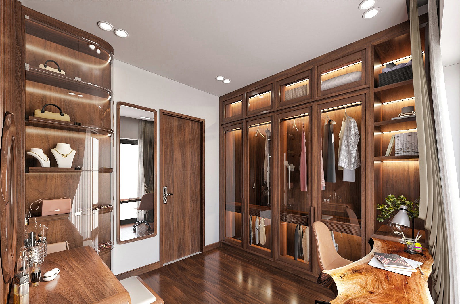 Tủ quần áo để phòng ngủ gỗ óc chó với thiết kế chắc chắn.