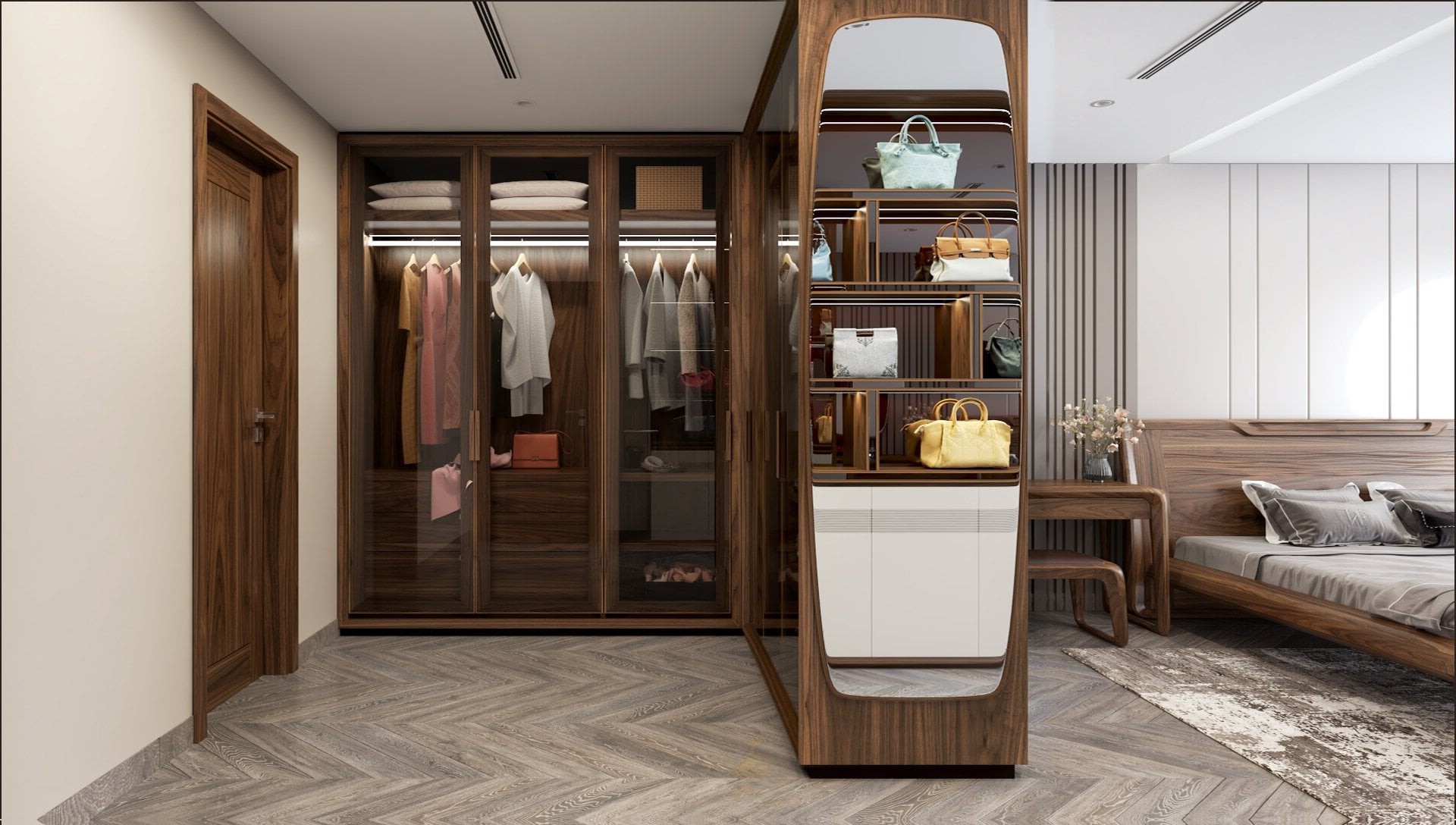 tủ quần áo gỗ óc chó phong cách hiện đại