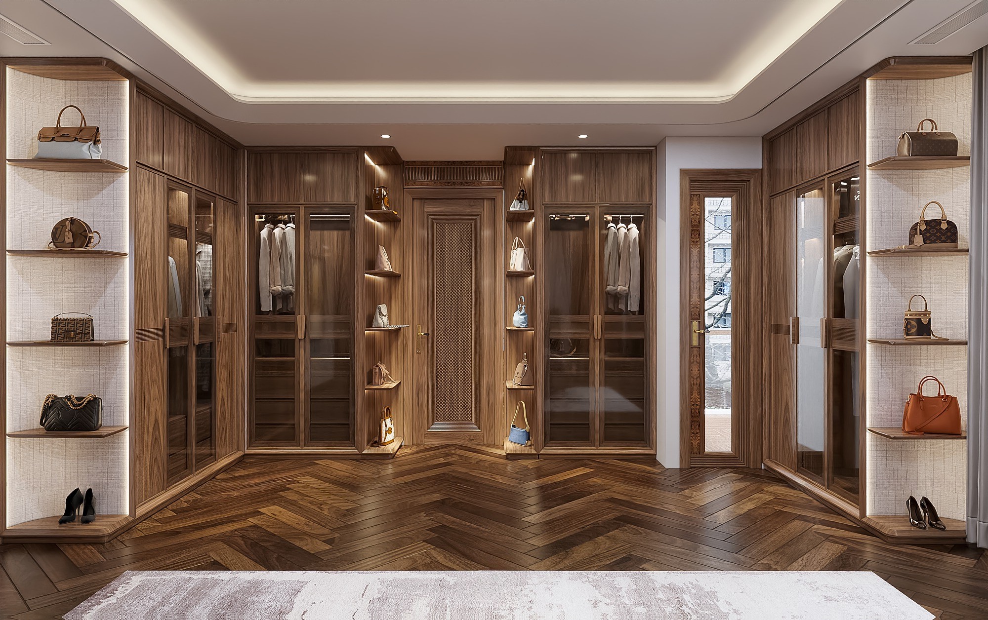 Tủ quần áo gỗ óc chó phòng master sang trọng.