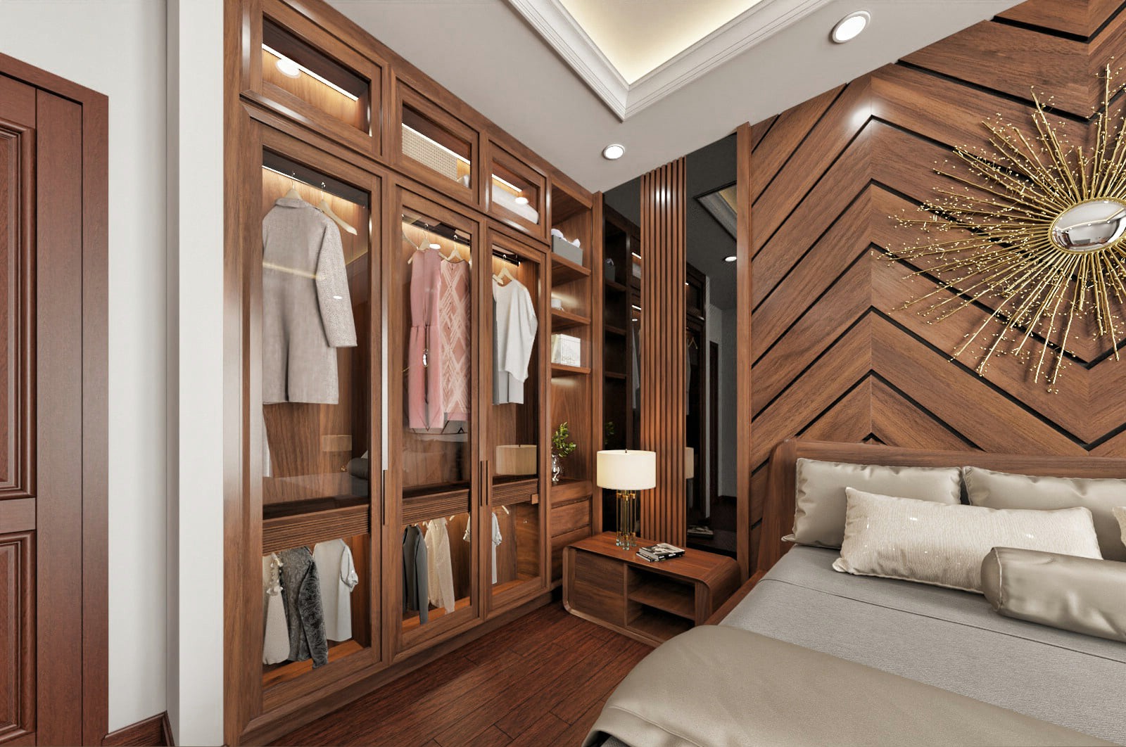 Tủ quần áo gỗ óc chó phòng ngủ với thiết kế chắc chắn và bền đẹp.