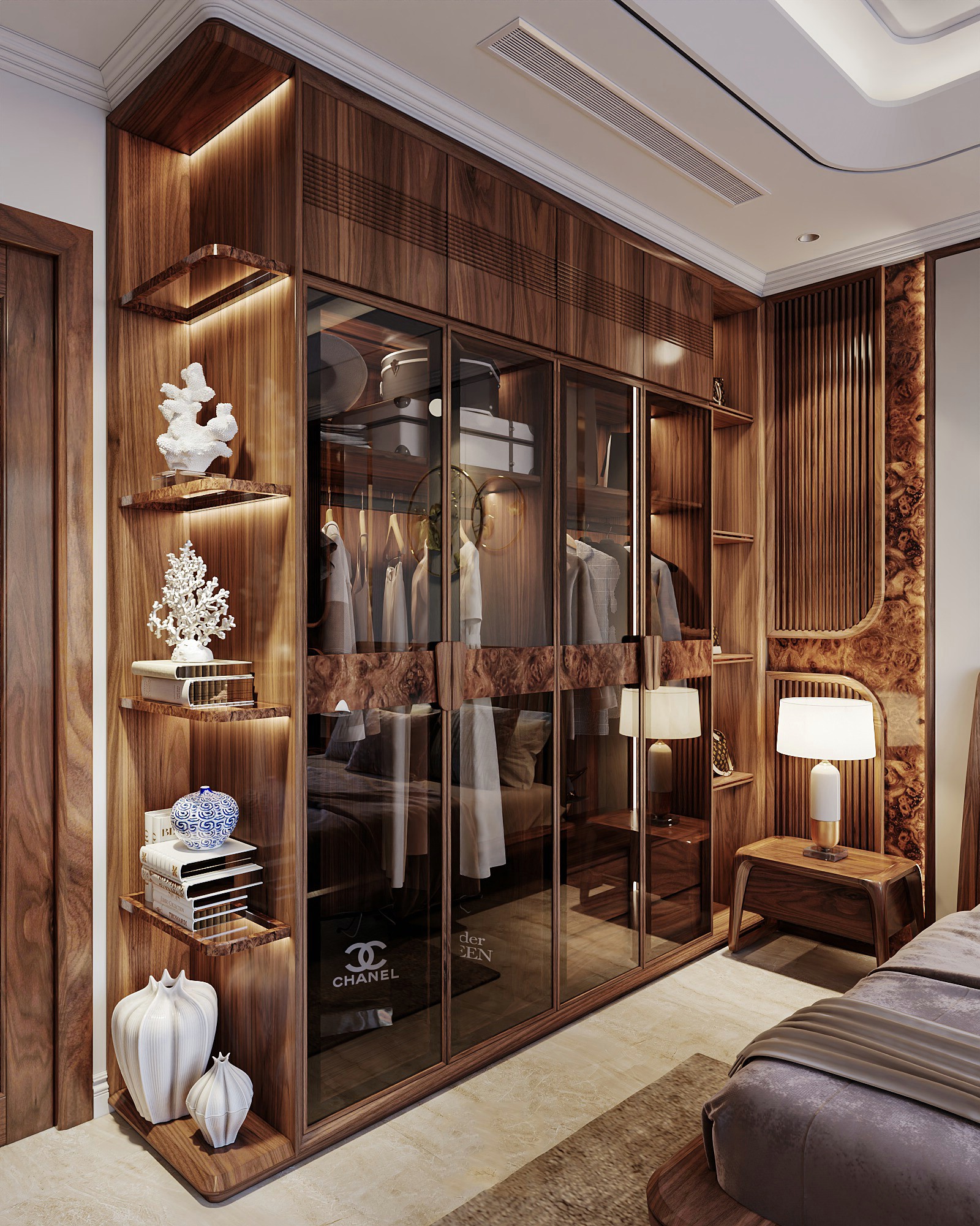 Tủ quần áo gỗ óc chó trong phòng ngủ bố trí sát tường gọn gàng.