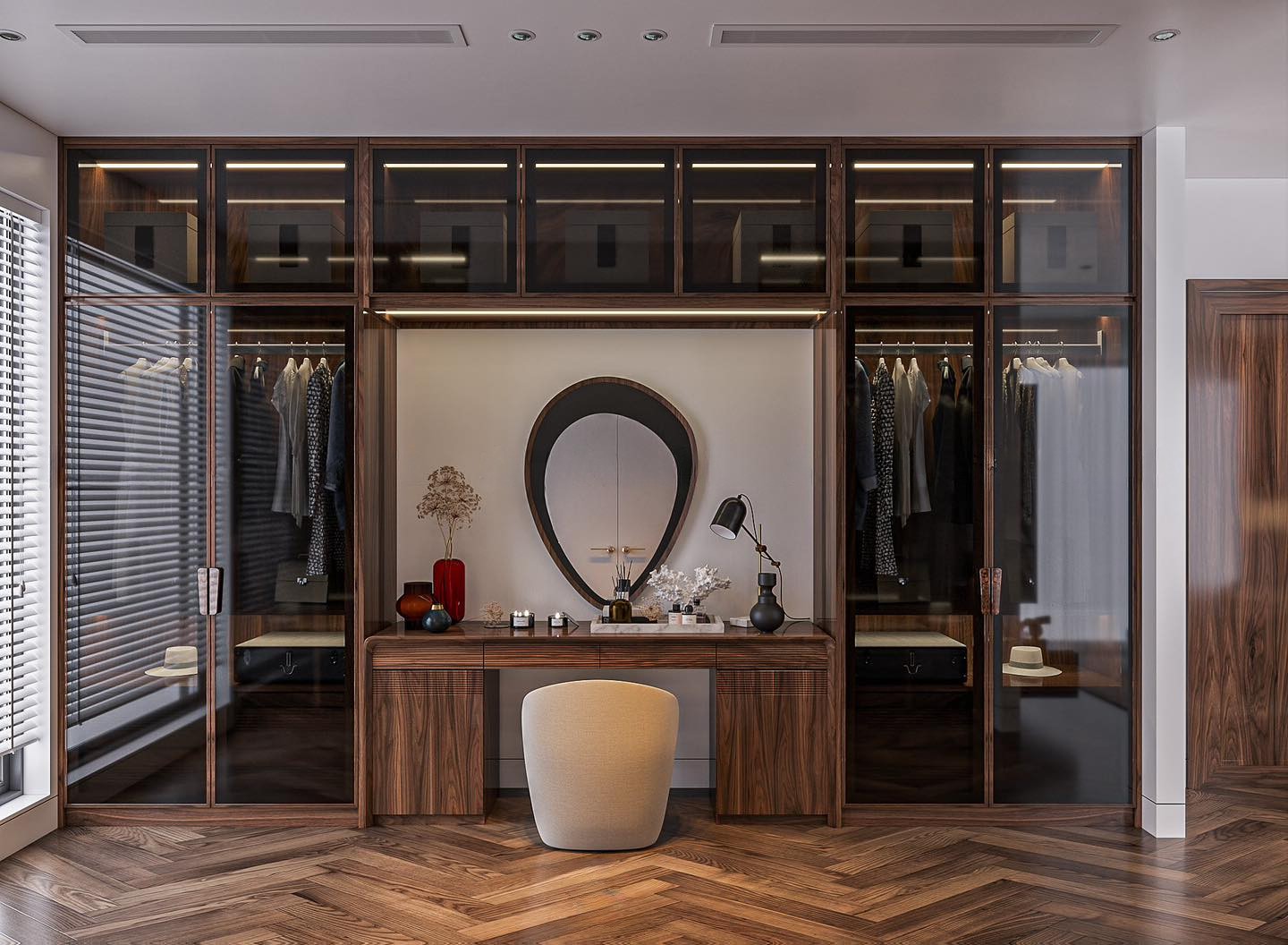 Tủ quần áo kết hợp bàn trang điểm gỗ óc chó đẹp với thiết kế hiện đại, đường nét tinh tế và công năng tối ưu.