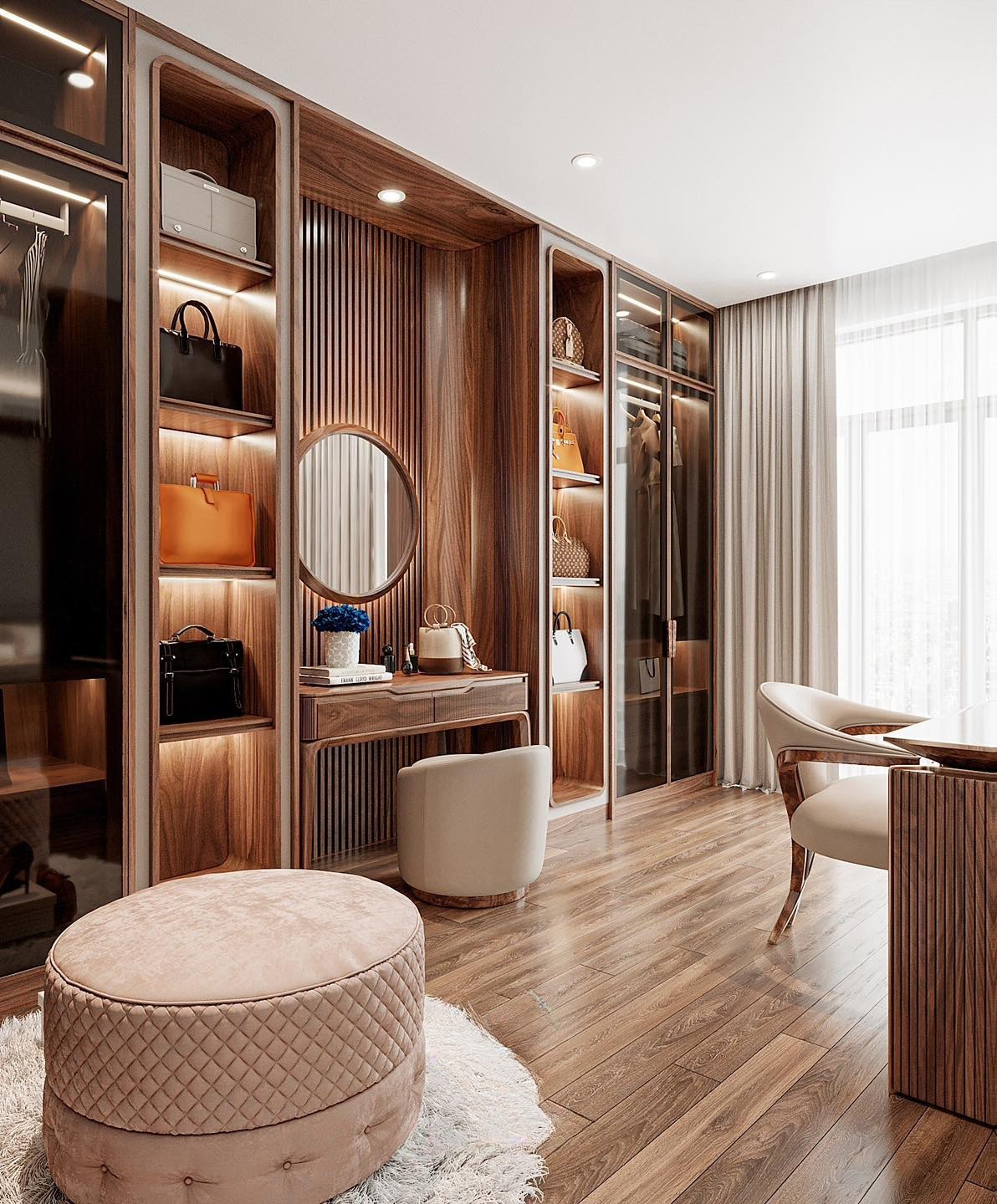 tủ quần áo kết hợp bàn trang điểm gỗ óc chó