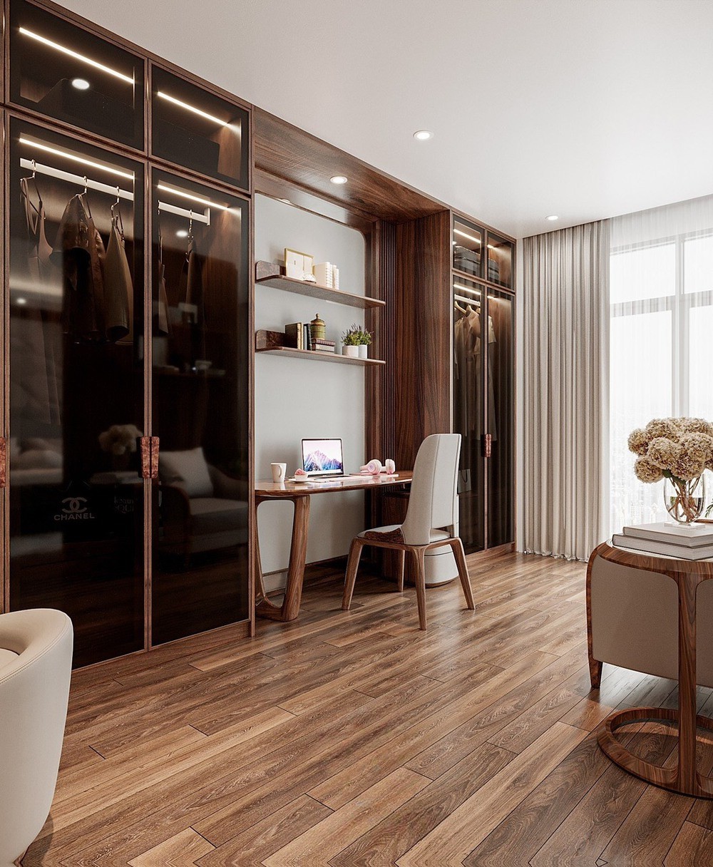 Tủ quần áo liền bàn làm việc gỗ óc chó.