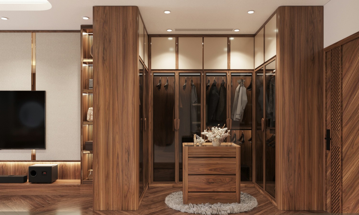 Tủ quần áo phòng ngủ gỗ óc chó hiện đại với thiết kế gọn gàng.