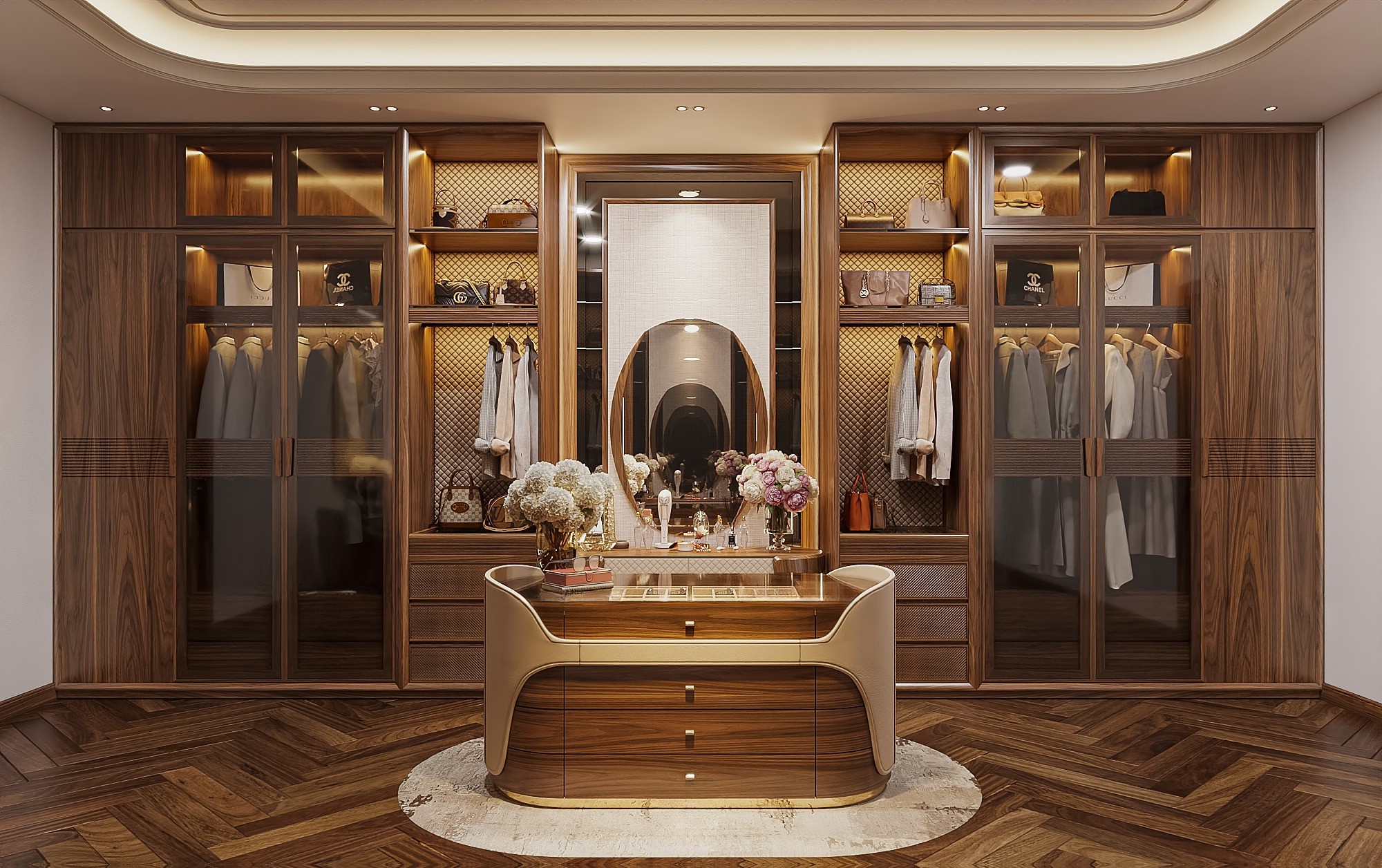 Tủ quần áo phòng thay đồ gỗ óc chó cao cấp thiết kế kịch trần với ngăn lưu trữ đa dạng và tiện nghi.