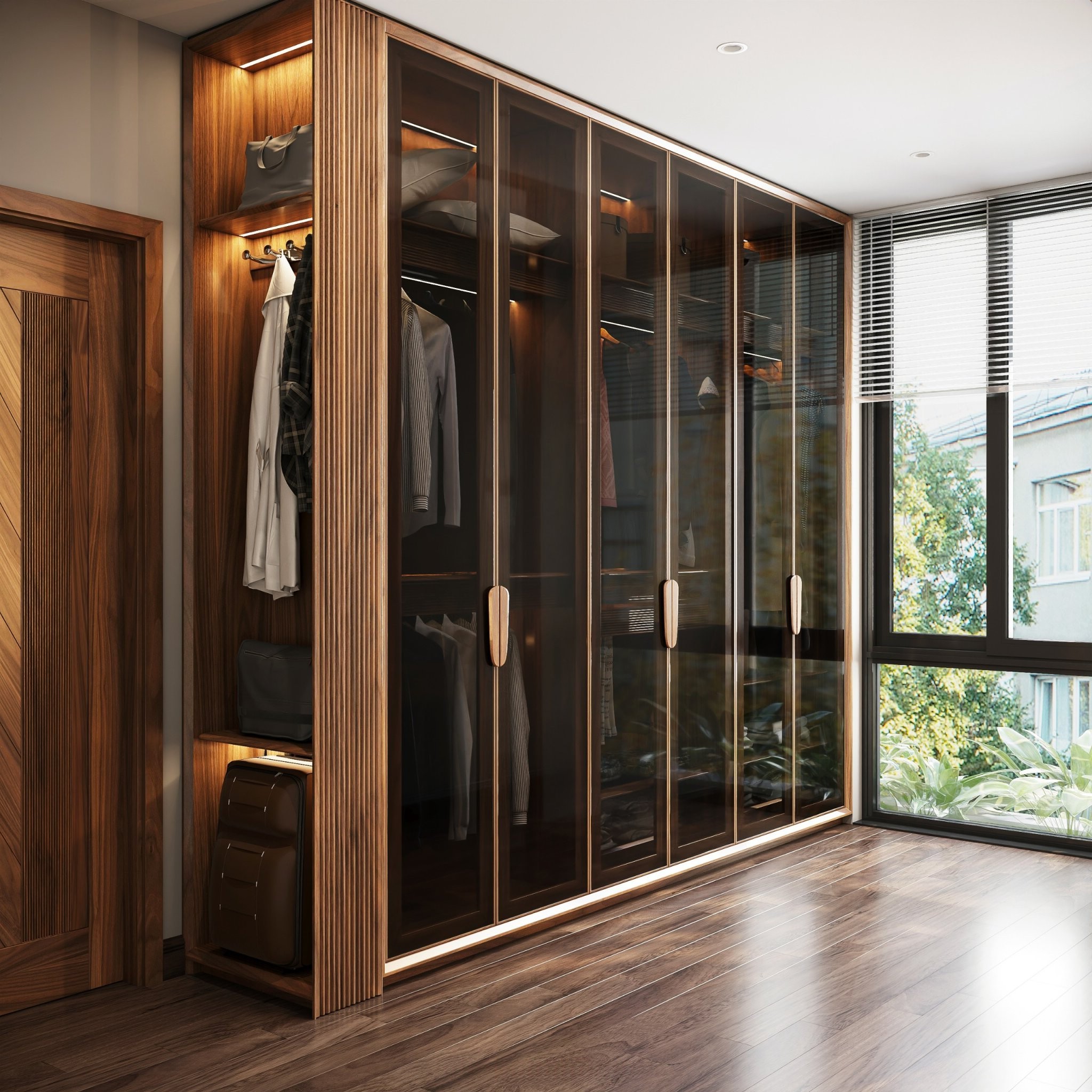 tủ quần gỗ óc chó áo kính