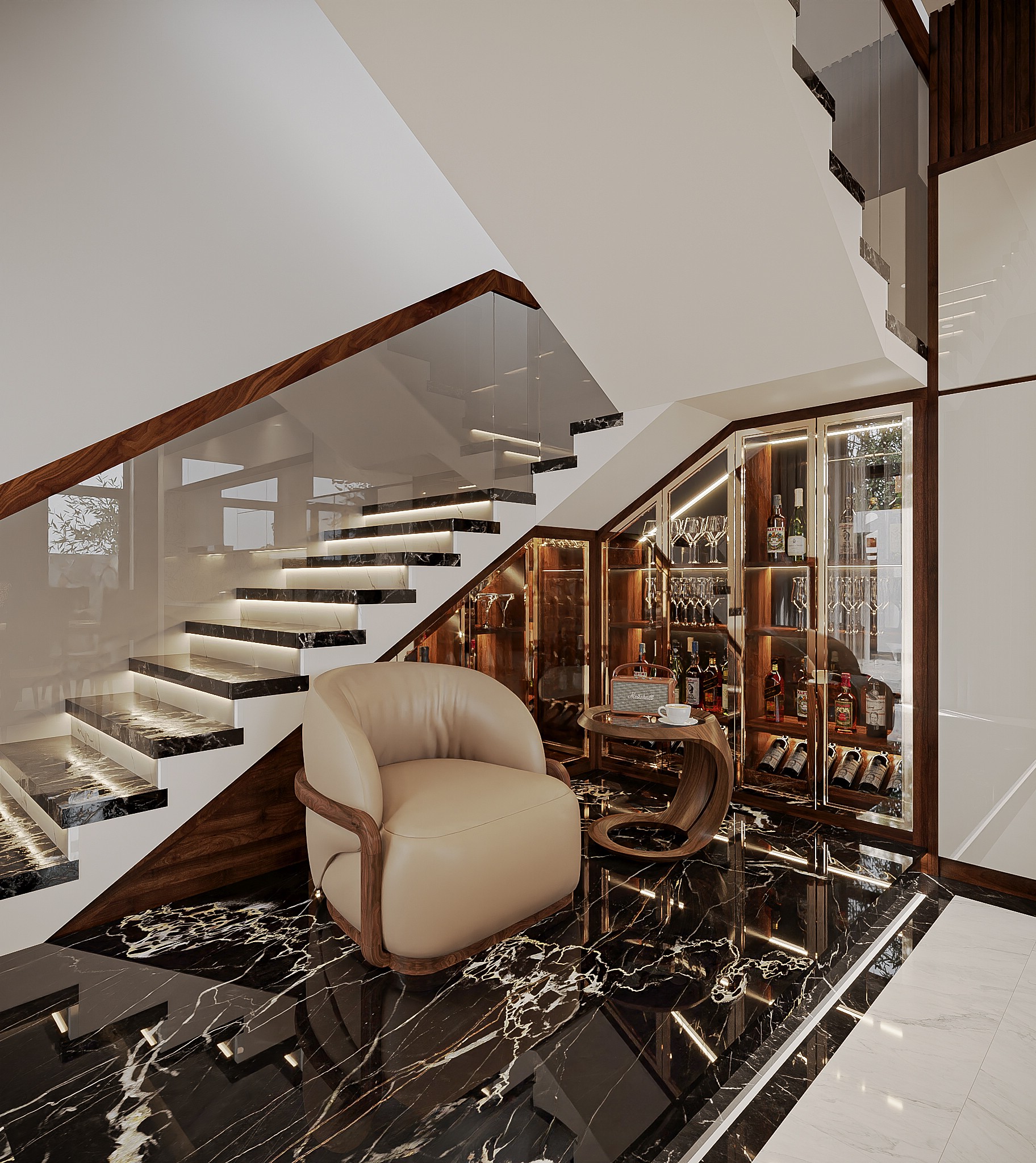 tủ rượu cầu thang phòng khách gỗ óc chó