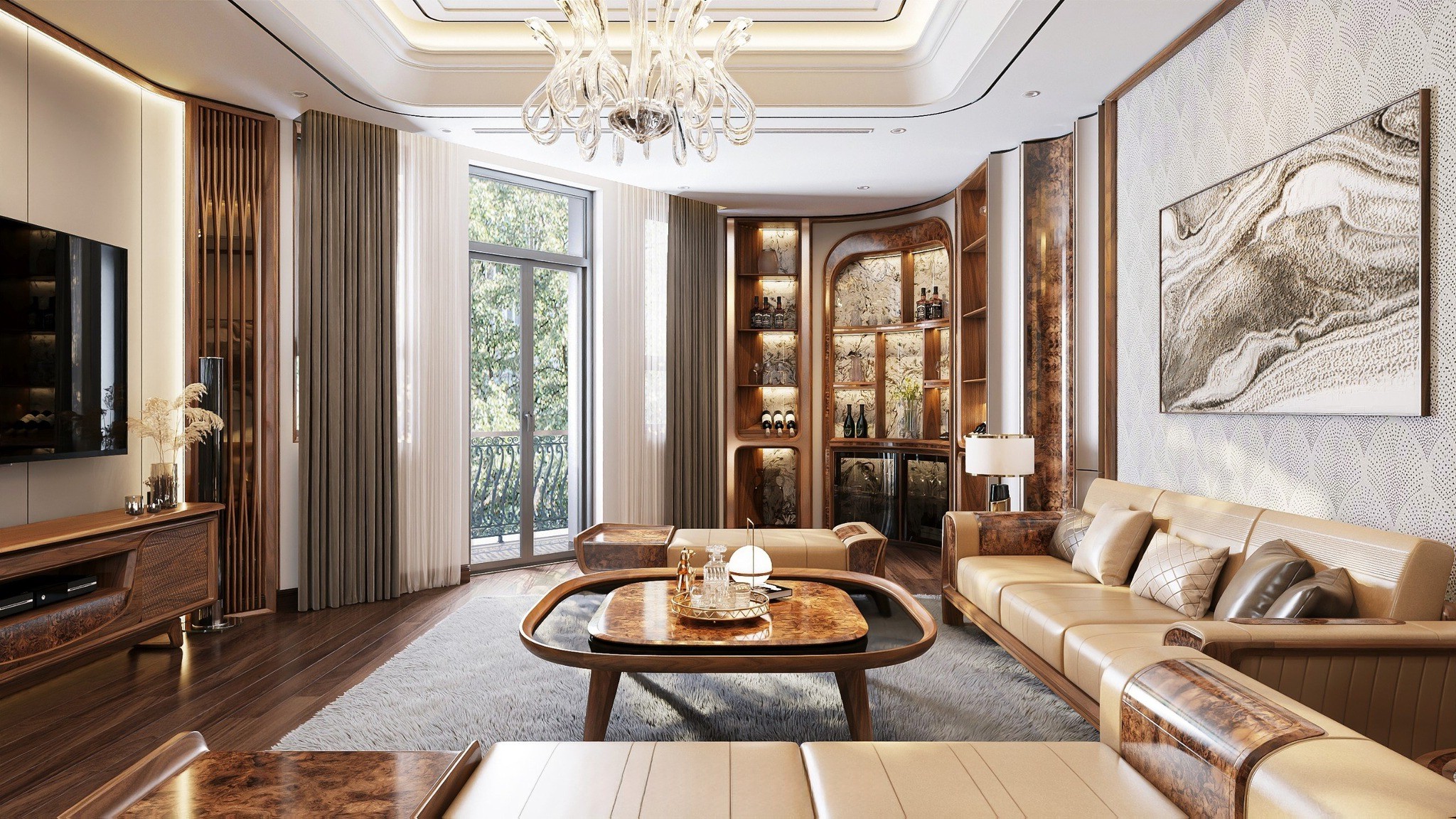 tủ rượu gỗ óc chó góc tường hiện đại