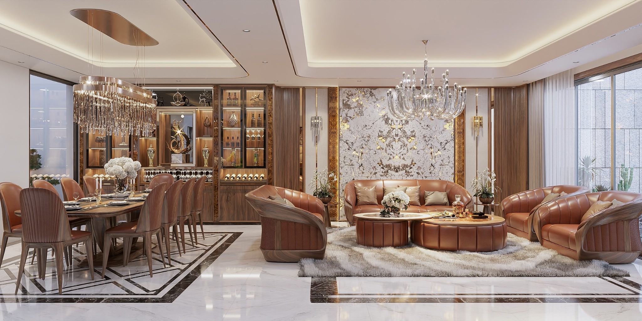 Tủ rượu phòng khách gỗ óc chó hiện đại thiết kế gọn gàng và tích hợp ánh sáng trang trí.