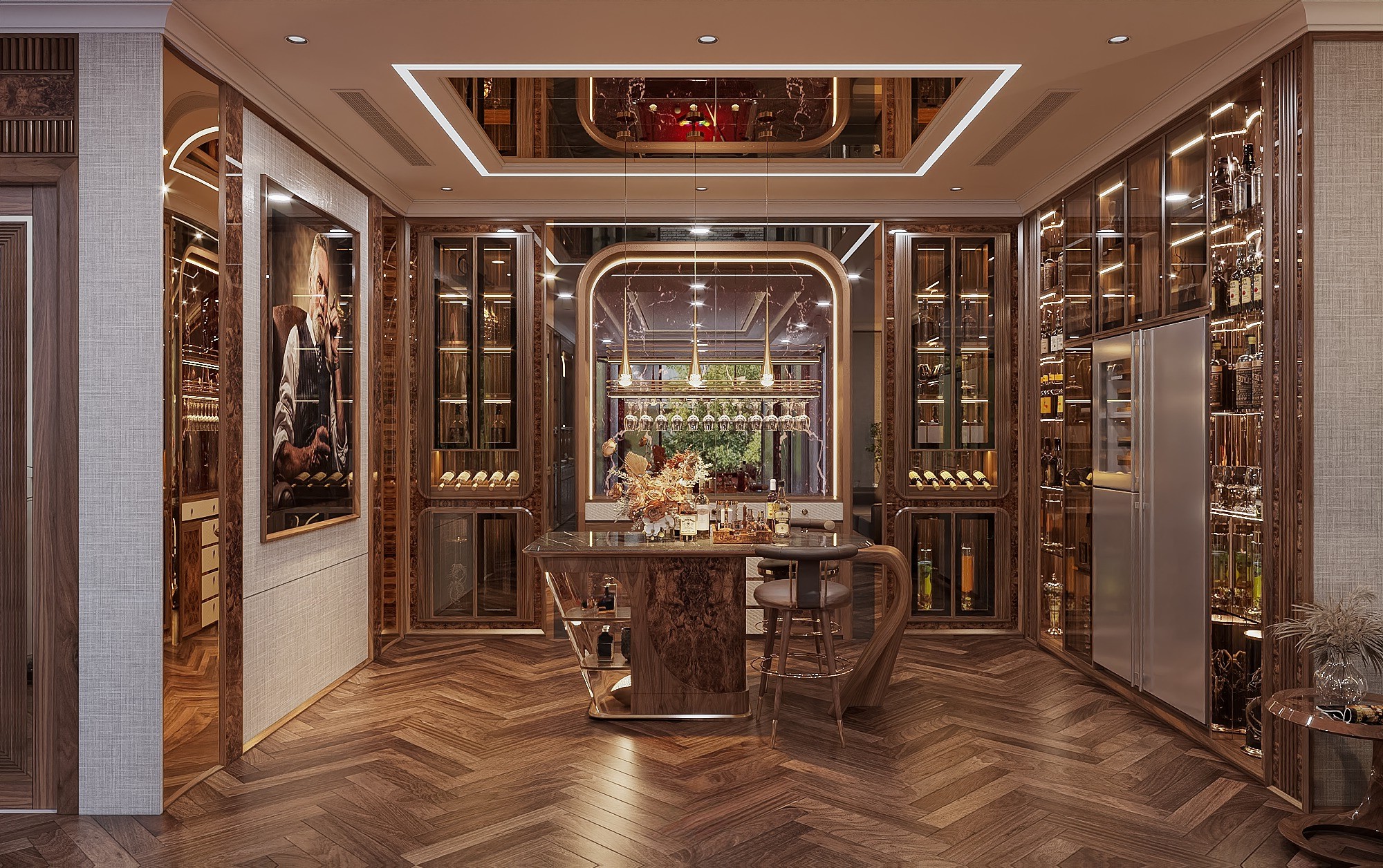 Tủ rượu phòng khách gỗ óc chó với thiết kế kệ mở và ngăn kéo tiện lợi.