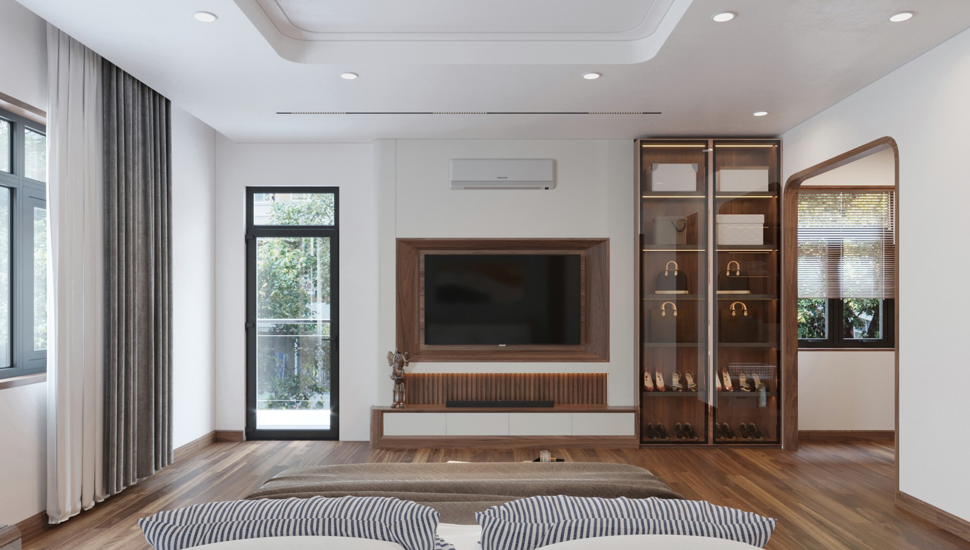 tủ tivi gỗ óc chó hiện đại cho phòng ngủ cao cấp