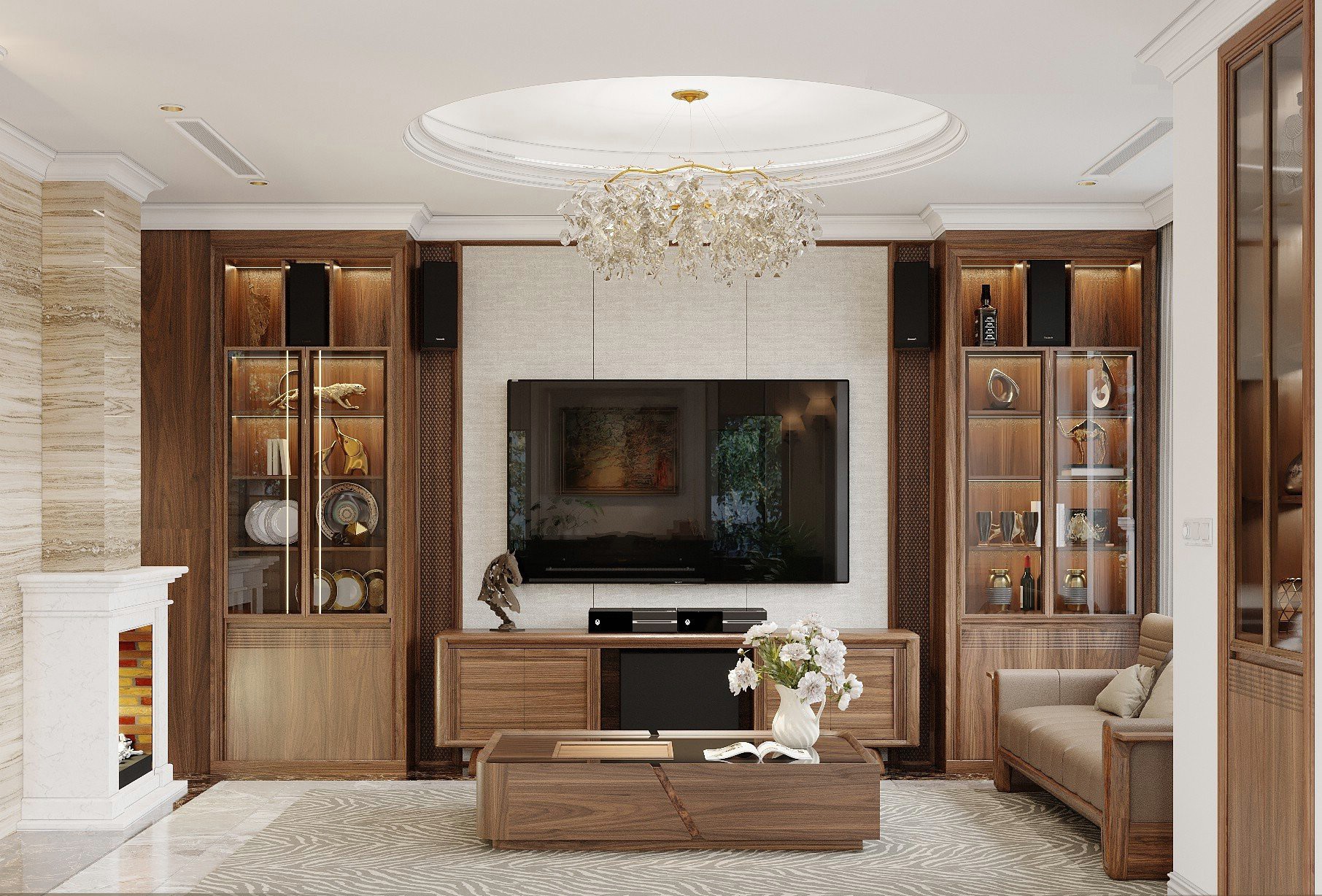 tủ tivi kết hợp tủ rượu gỗ óc chó hiện đại