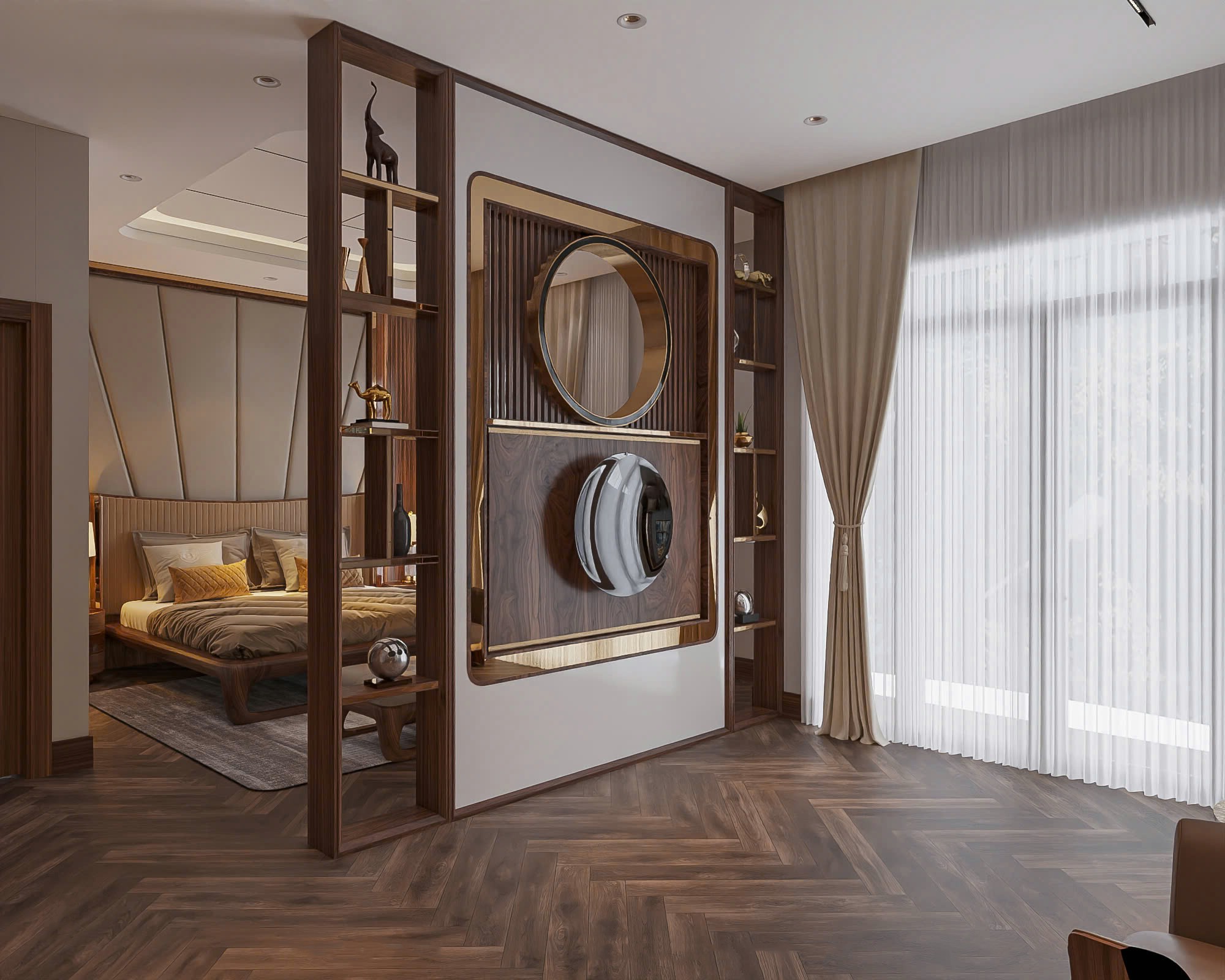 Tủ vách ngăn phòng ngủ gỗ óc chó đa năng.