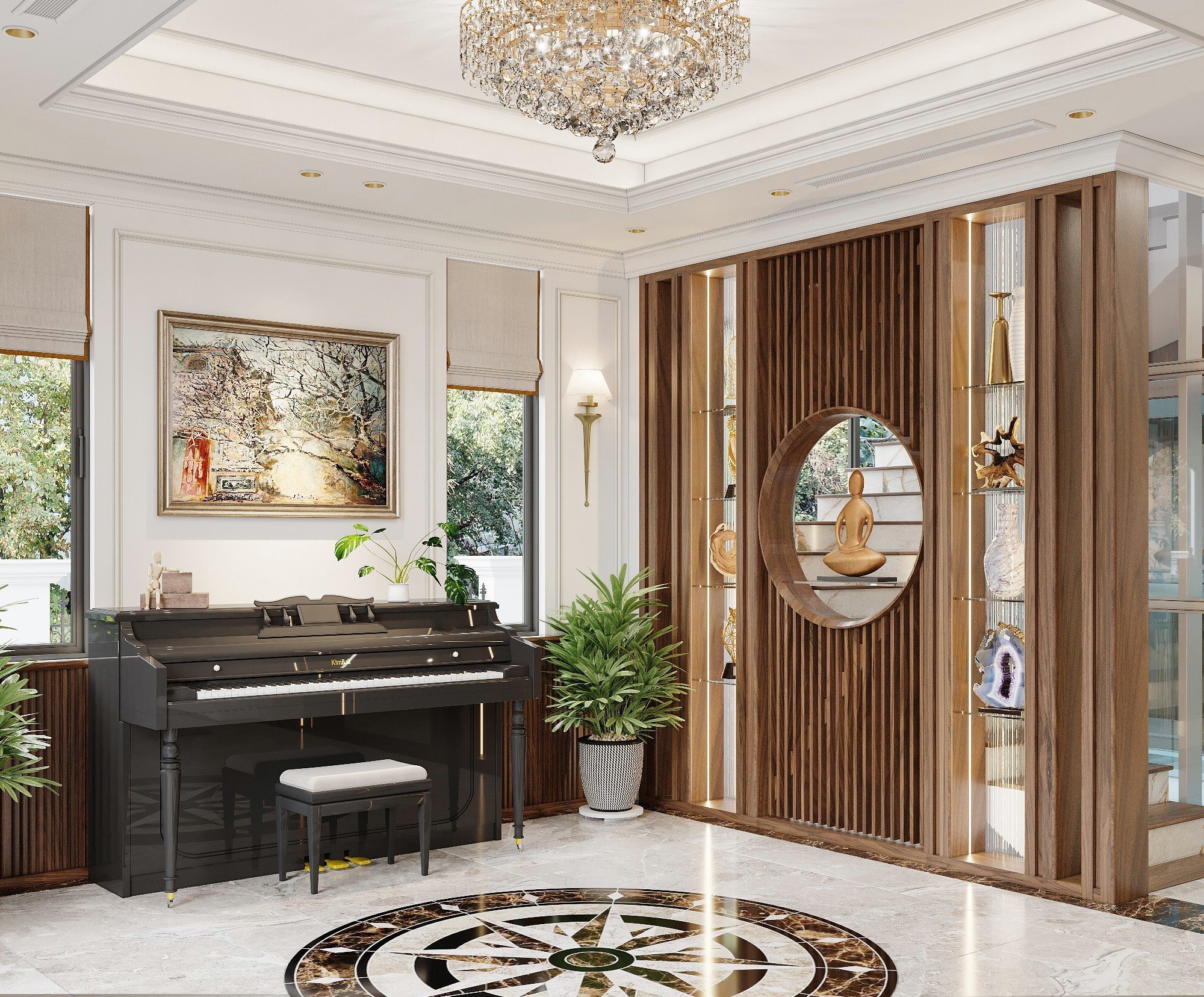 vách gỗ óc chó hiện đại ngăn cầu thang và phòng khách
