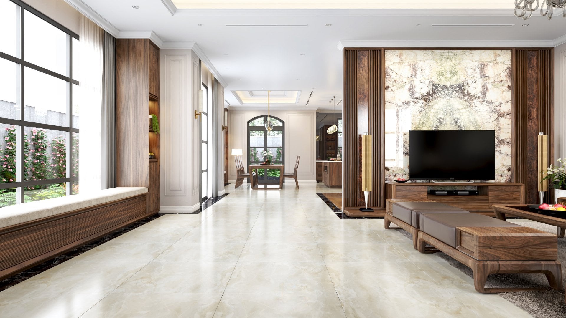 vách kệ tivi gỗ óc chó phòng khách hiện đại