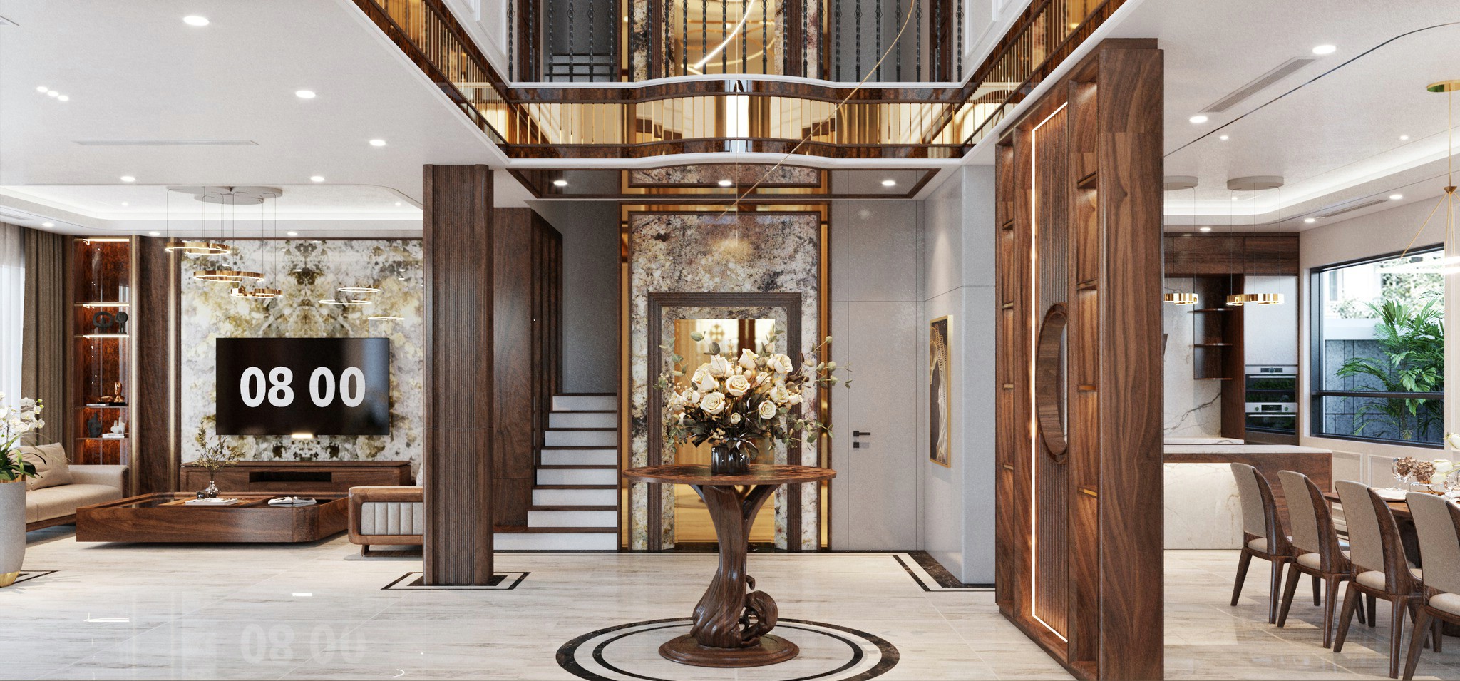 vách ngăn gỗ óc chó phòng khách