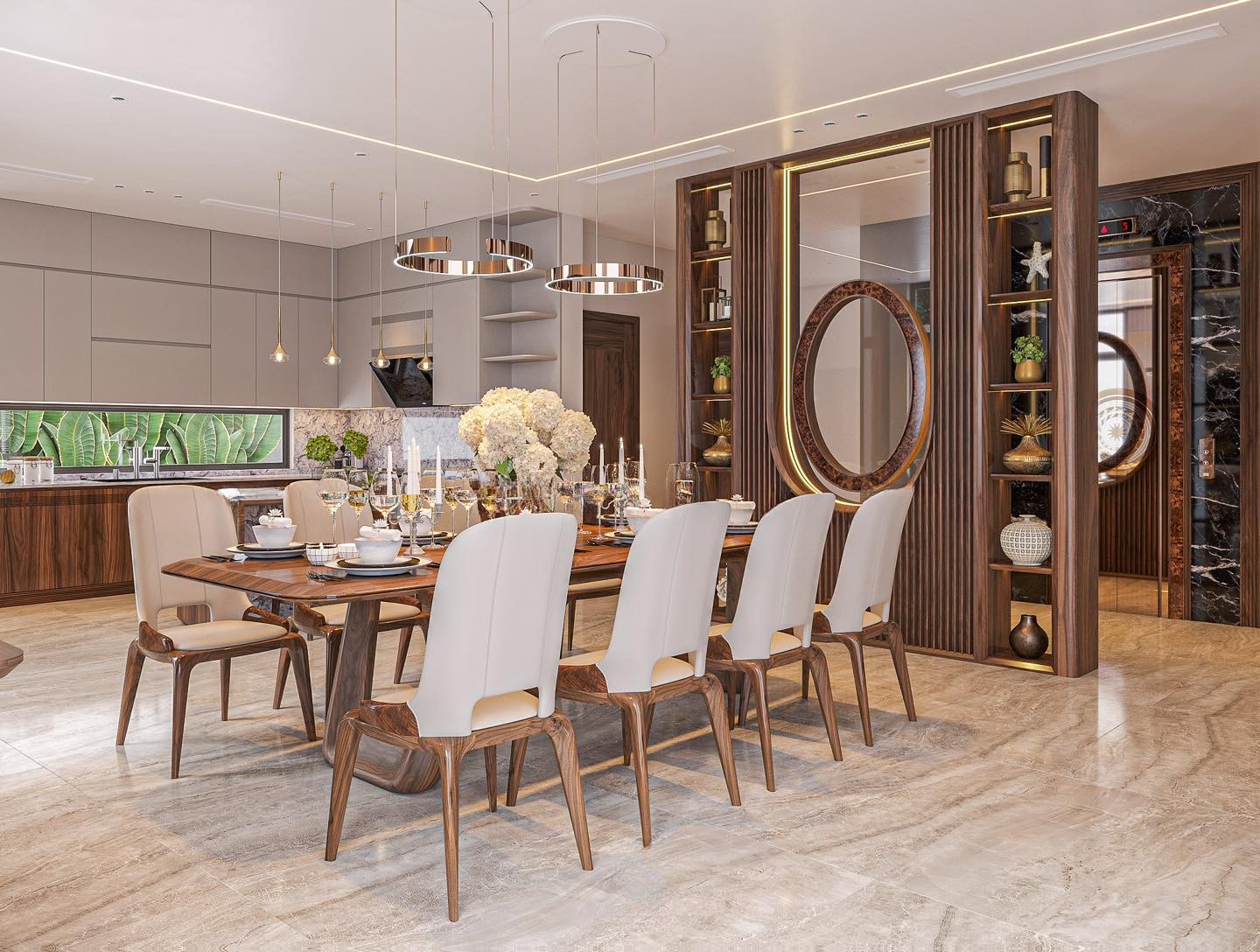 vách ngăn phòng bếp bằng gỗ óc chó