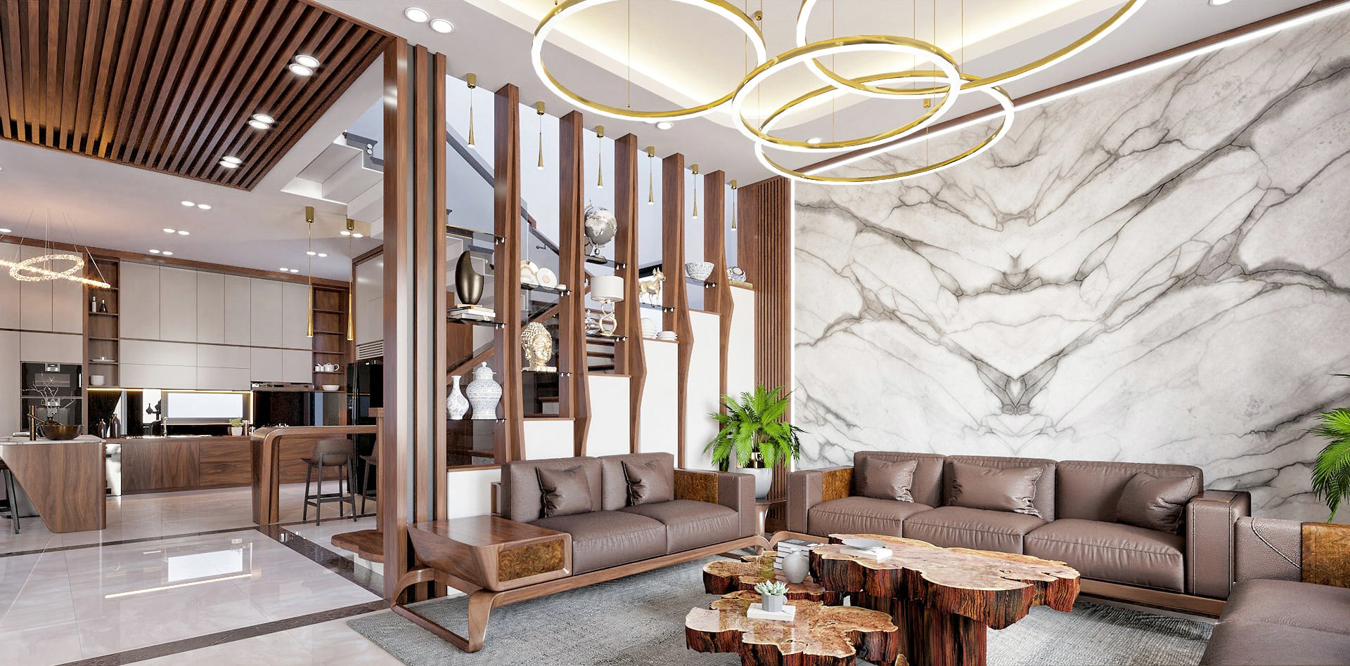 vách ngăn phòng gỗ óc chó hiện đại