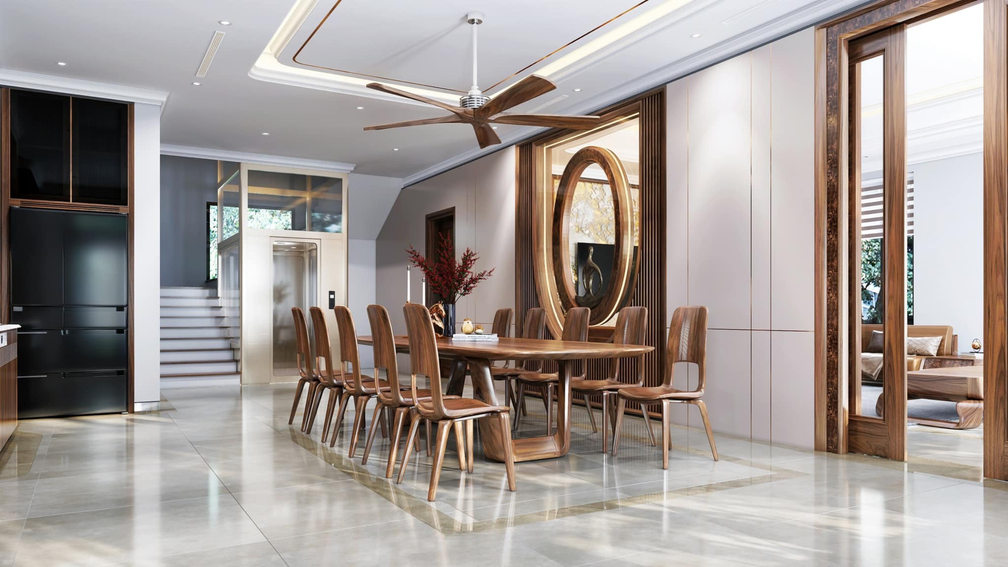 Vách ngăn phòng khách bếp gỗ óc chó.