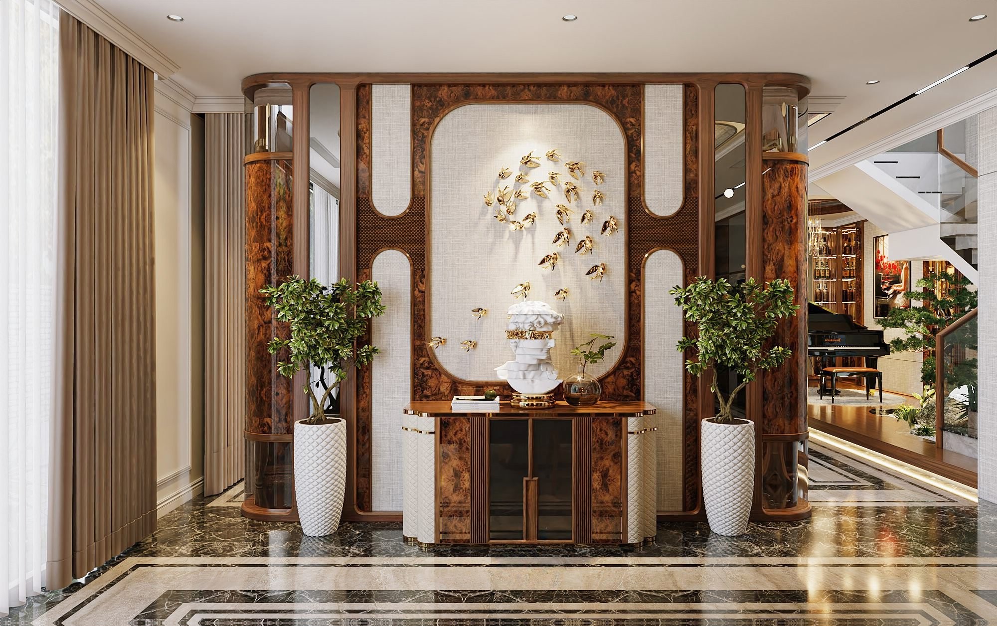 vách ngăn phòng khách gỗ óc chó