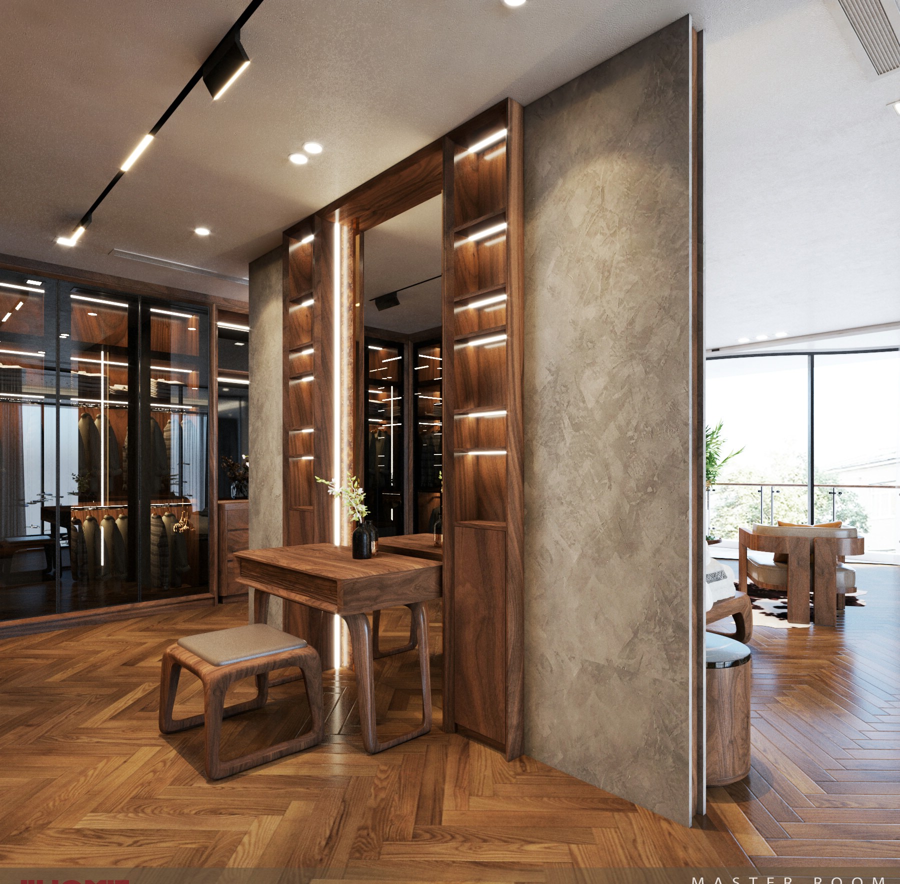 Vách ngăn phòng ngủ bằng gỗ óc chó công nghiệp hiện đại.