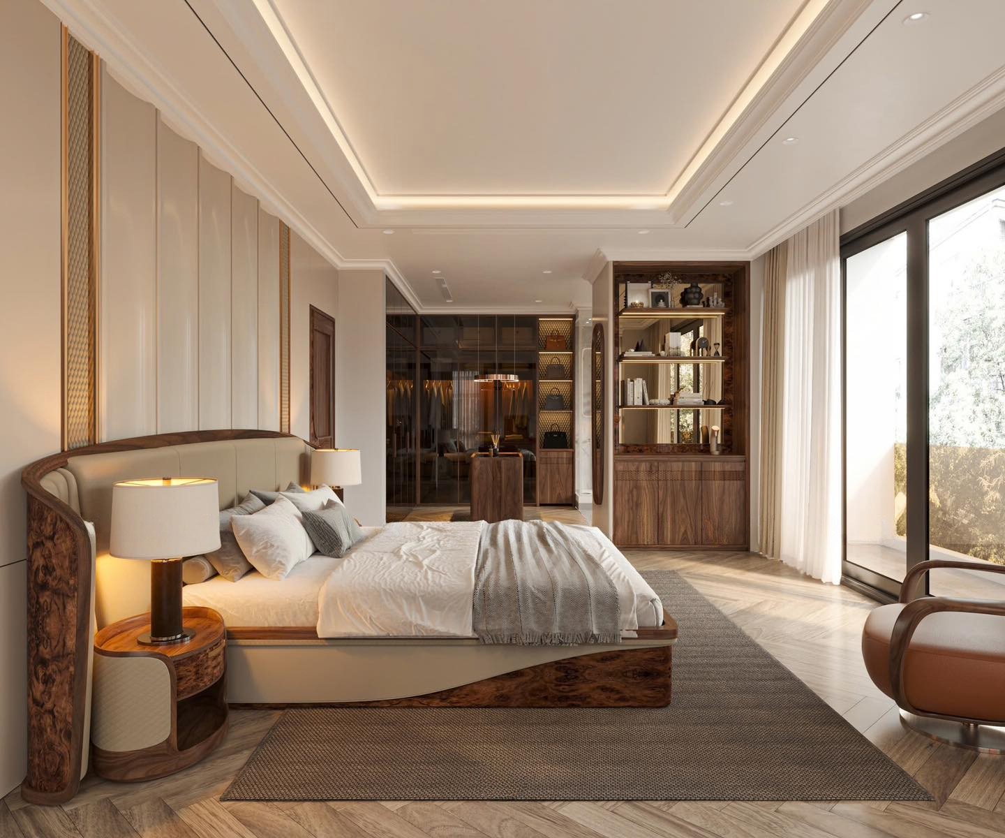 Phòng ngủ vợ chồng gỗ óc chó đẹp ấm cúng.